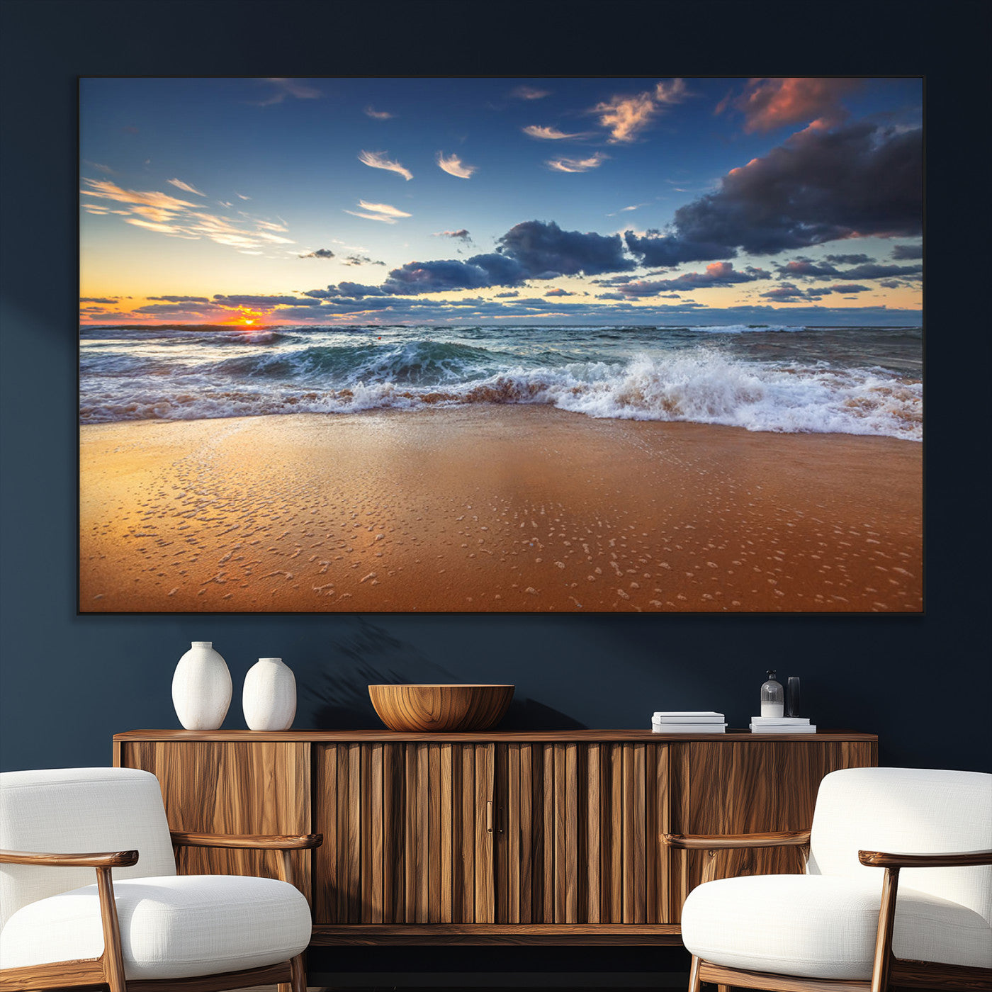 SEG-FC-51X34_Oversize - Beach Canvas Wall Art - Coastal Seascape Print for Living Room or Bedroom, Ocean Waves on Sand,