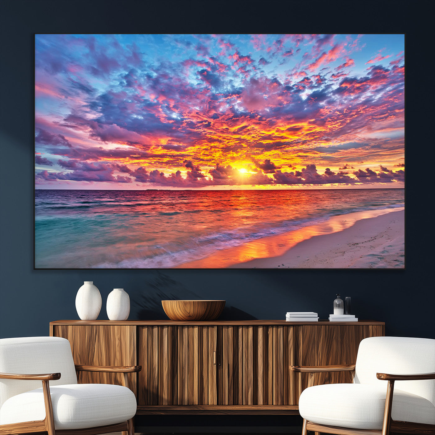 SEG-FC-51X34_Oversize - Vibrant Sunset Beach Wall Art - Ocean Sunset Canvas Print | Coastal Wall Art Decor Stunning Sunset
