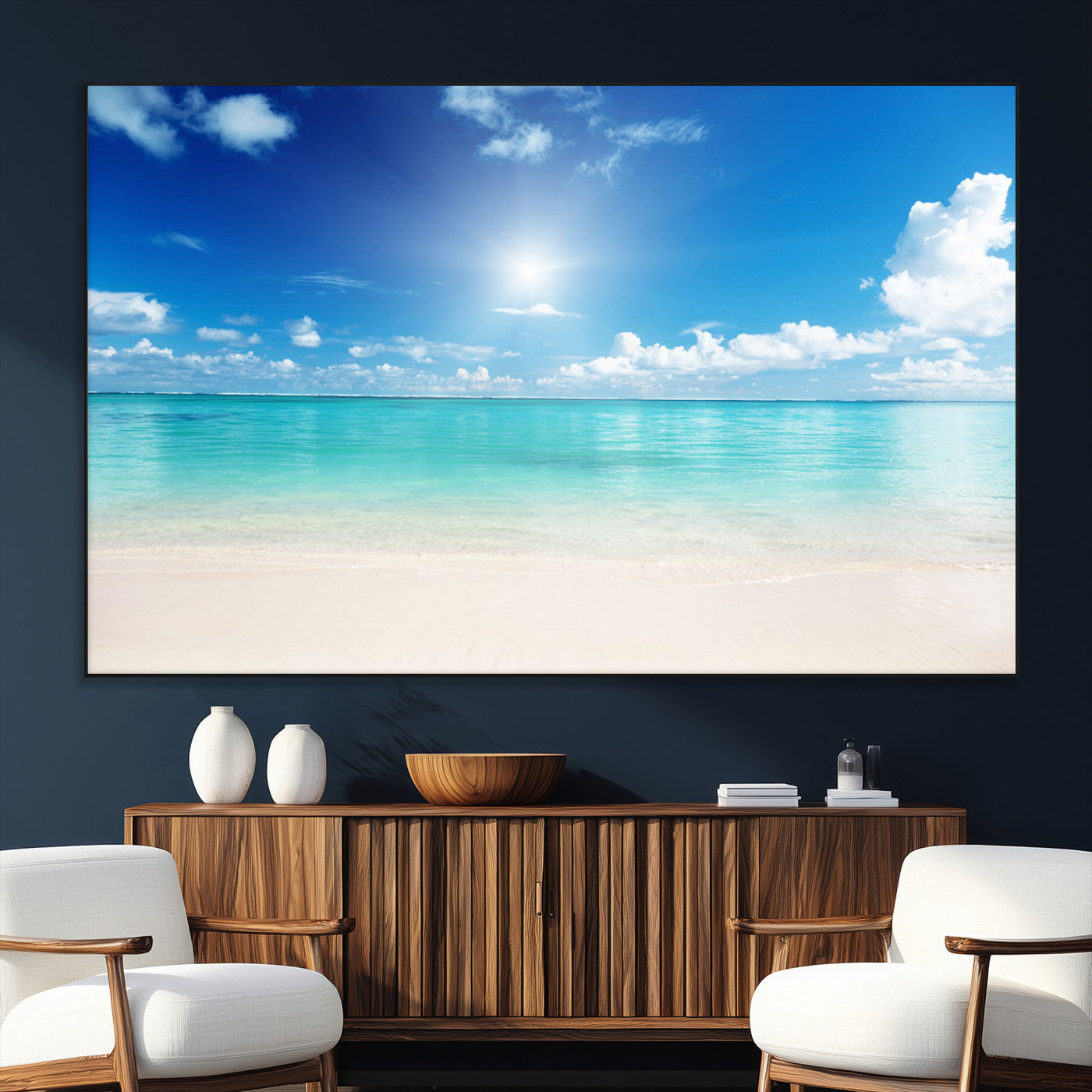 SEG-FC-51X34_Oversize - Blue Ocean Wall Art Canvas Print - Tranquil Ocean Paradise Triptych Wall Art - Ready to Hang Beach