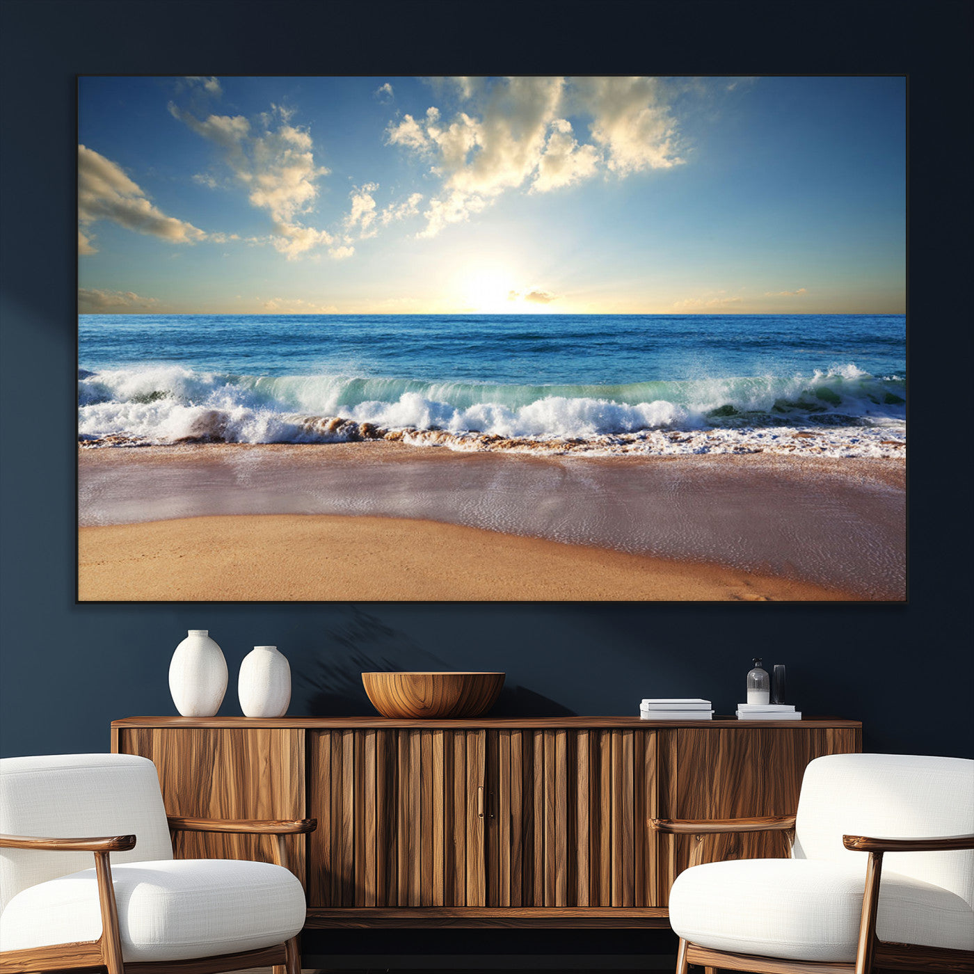 SEG-FC-51X34_Oversize - Serene Ocean Sunset Canvas Wall Art - Beach Waves at Sunset, Ready to Hang