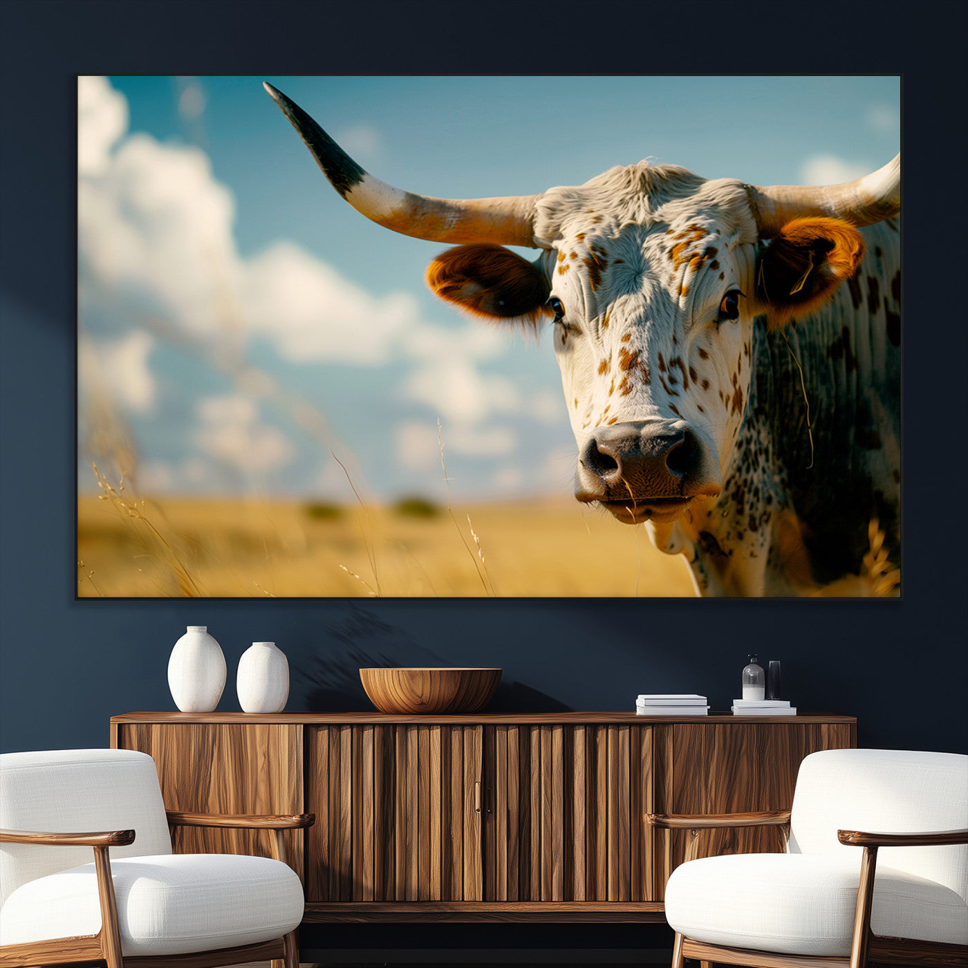 SEG-FC-51X34_Oversize - Longhorn in the Prairie - Stunning Ranch-Style Triptych Wall Art for Western Home Decor, Cowboy Wall