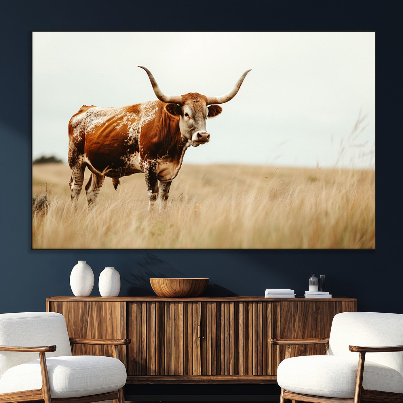 SEG-FC-51X34_Oversize - Texas Longhorn Canvas Wall Art Print – Majestic Western Cattle in Rustic Farmhouse Decor – Cow Wall