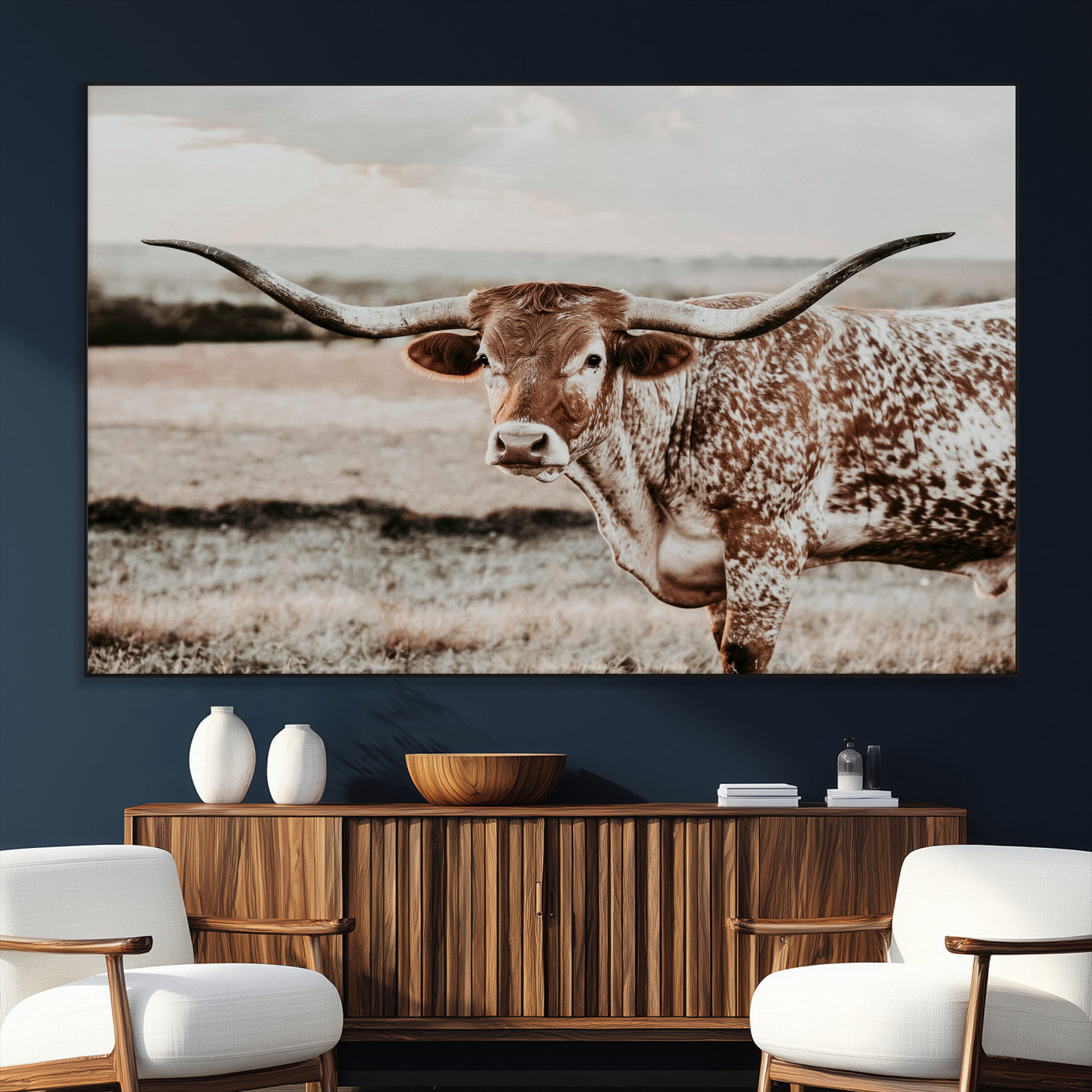 62910-MGV-CV-36X24 - Texas Longhorn Canvas Wall Art Print – Majestic Western Cattle in Rustic Farmhouse Decor – Cowboy Wall Decor