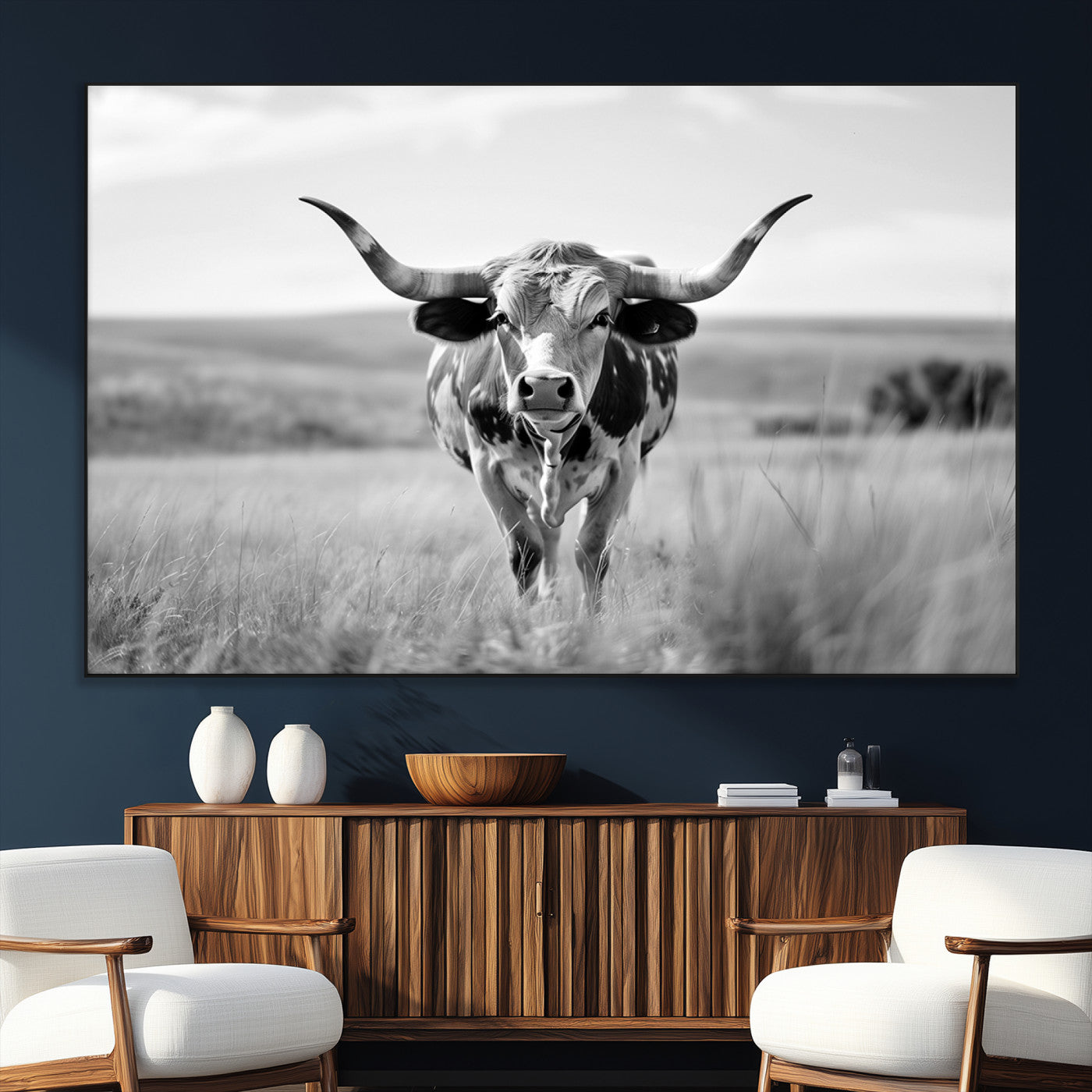 SEG-FC-51X34_Oversize - Texas Cow Longhorn Wall Art Canvas Print for Farm House Wall Decor, Farmhouse Wall Art Print