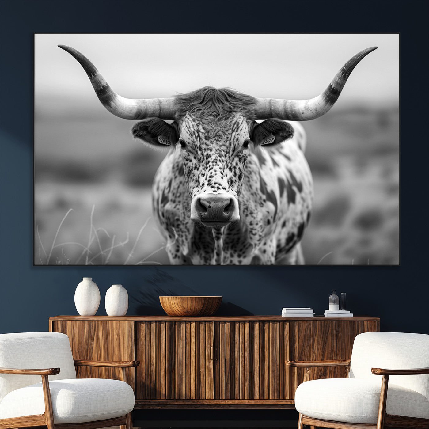 SEG-FC-51X34_Oversize - Texas Cow Longhorn Wall Art Canvas Print for Farm House Wall Decor, Farmhouse Wall Art Print