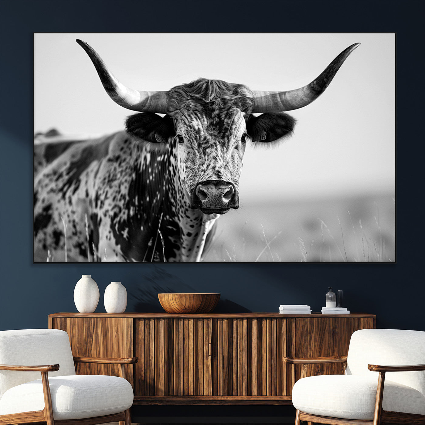 SEG-FC-51X34_Oversize - Texas Highland Cow Longhorn Canvas Print - Rustic Farmhouse Wall Art - Large Texas Longhorn