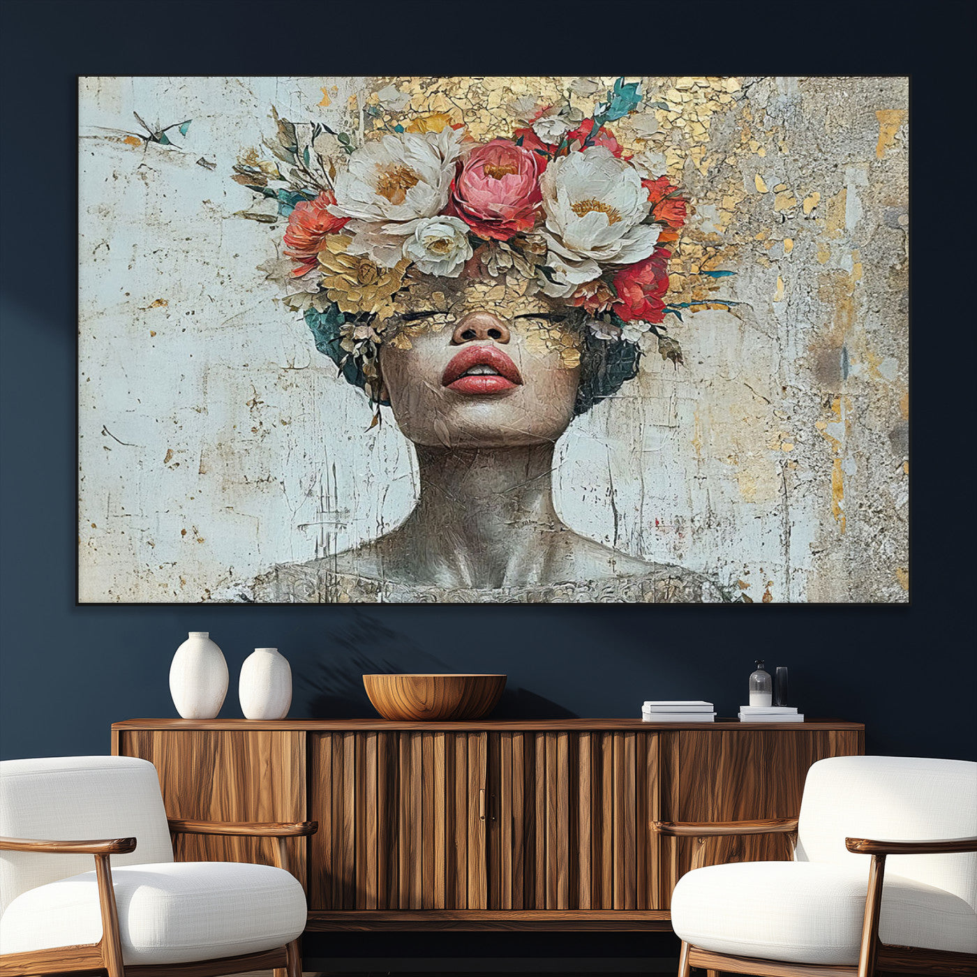 SEG-FC-51X34_Oversize - Golden Petal Wall Art Canvas Print - Silhouette Woman Wall Art Canvas Print, Floral Woman Portrait