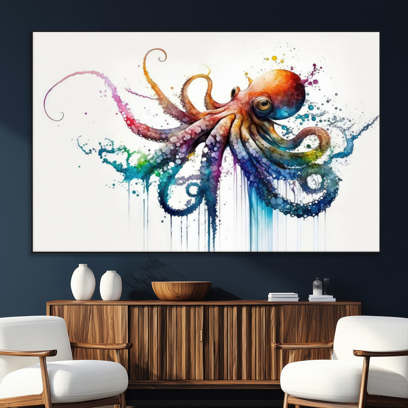 SEG-FC-51X34_Oversize - Watercolor Vibrant Octopus Wall Art Canvas Print | Abstract Sea Life Art | Colorful Marine Creature