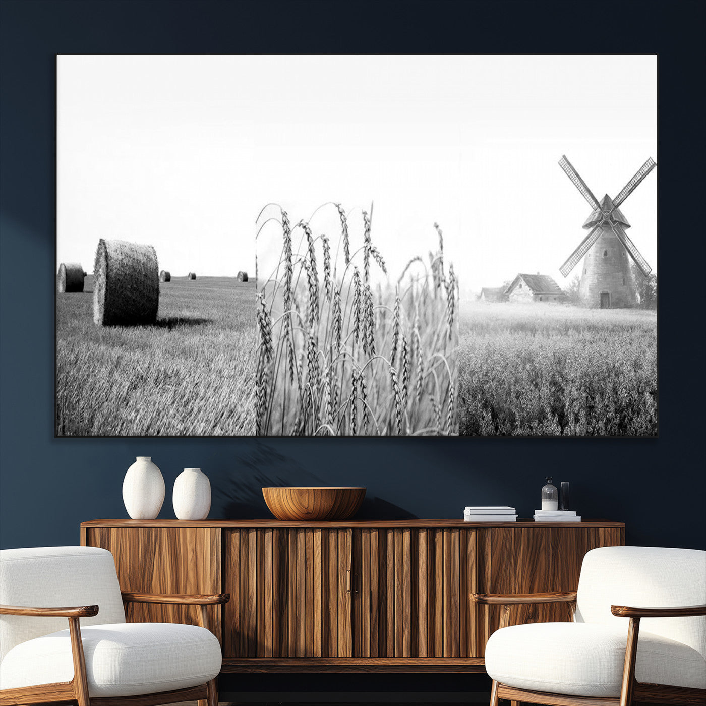 SEG-FC-51X34_Oversize - Vintage Farmhouse Black and White Triptych Wall Art – Giclee Canvas Featuring Wheat Fields, Hay