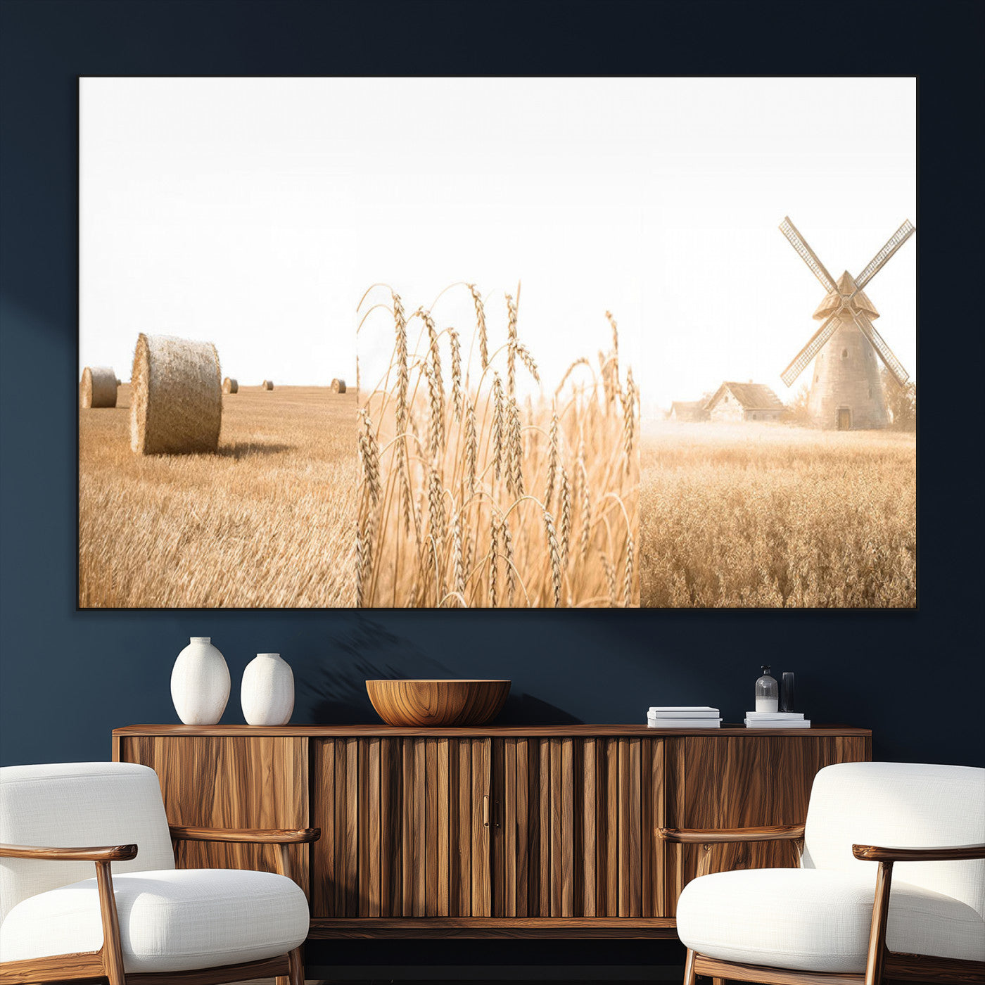 SEG-FC-51X34_Oversize - Vintage Farmhouse Triptych Wall Art – Giclée Canvas Featuring Wheat Fields, Hay Bales, and a
