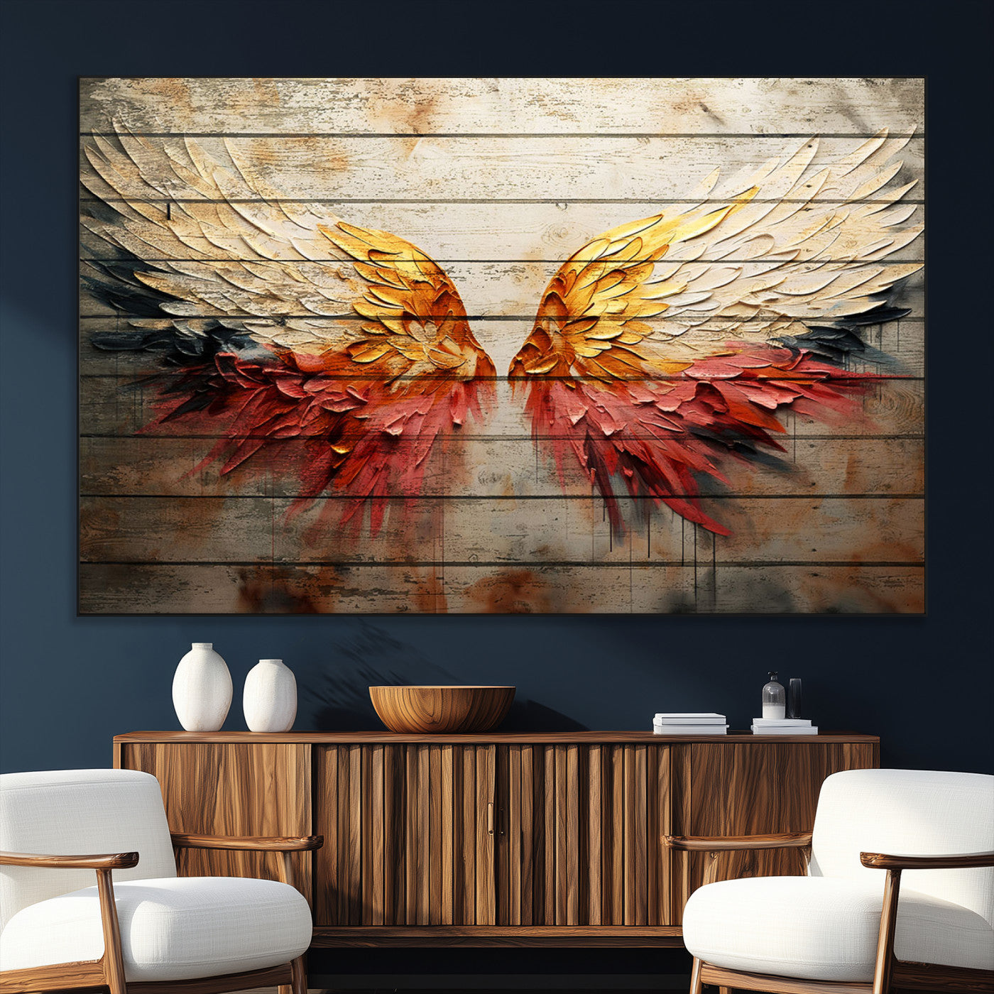 SEG-FC-51X34_Oversize - Abstract Angel Wings Canvas Wall Art – Framed and Ready to Hang Modern Angelic Wings Decor for