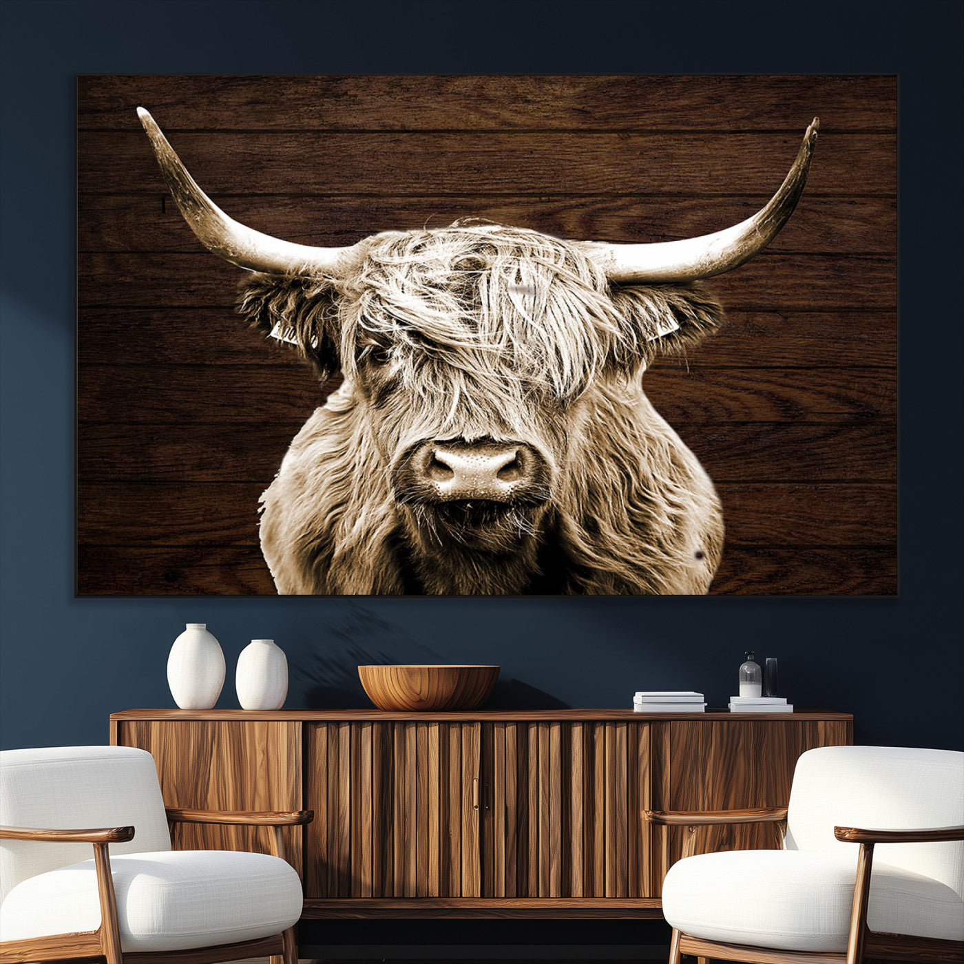 SEG-FC-51X34_Oversize - Highland Cow Wall Art Canvas Print, Rustic Farmhouse Decor, Majestic Scottish Highland Bull Portrait