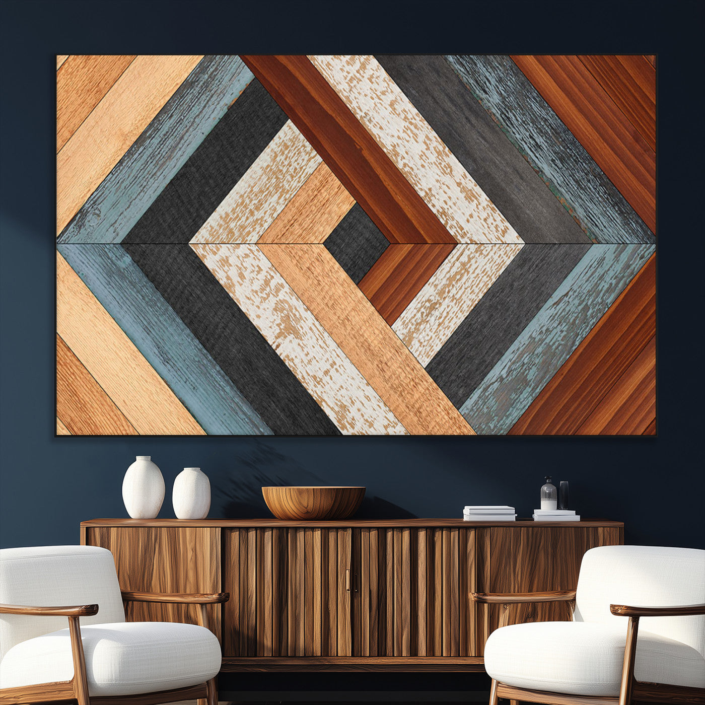 SEG-FC-51X34_Oversize - Geometric Wood Art Wall Decor Canvas Print, Rustic Wooden Pattern Triptych Wall Art for Living Room