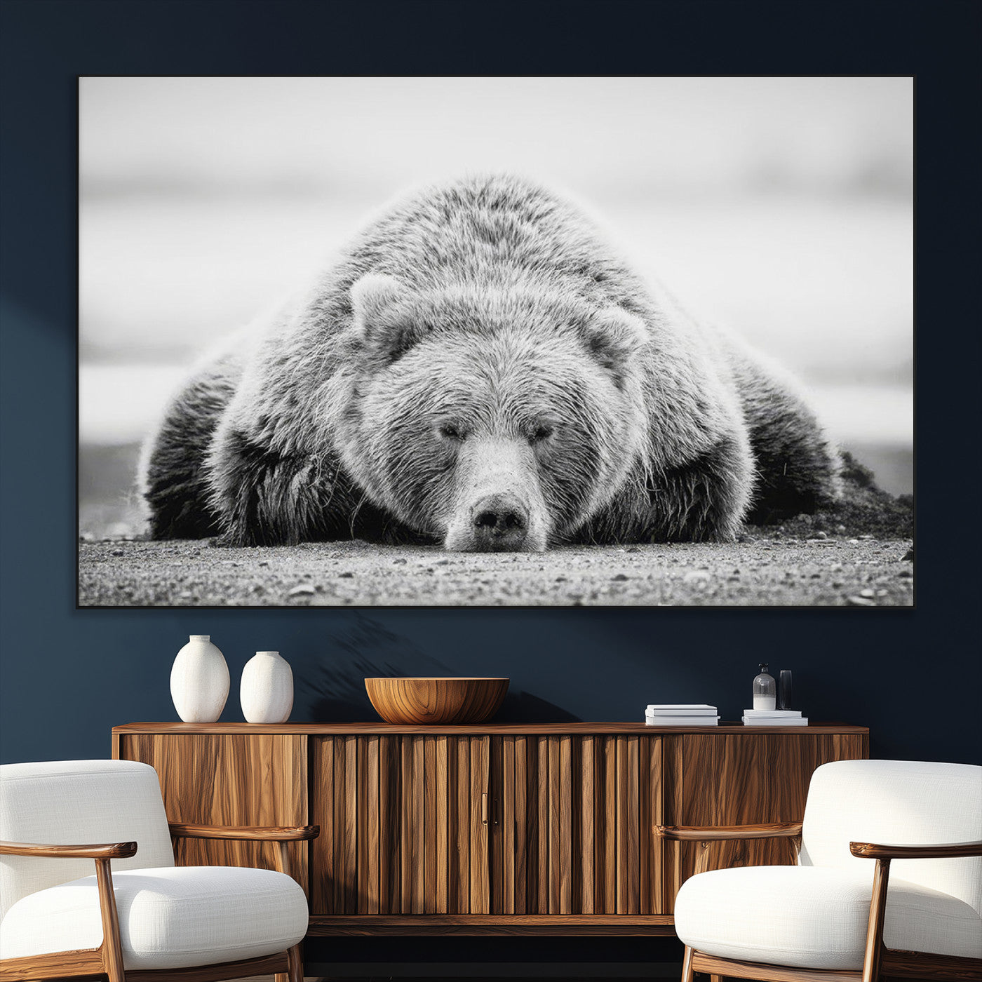 SEG-FC-51X34_Oversize - Resting Grizzly Bear Wall Art Canvas Print – Majestic Lazy Black and White Wildlife Bear Art,