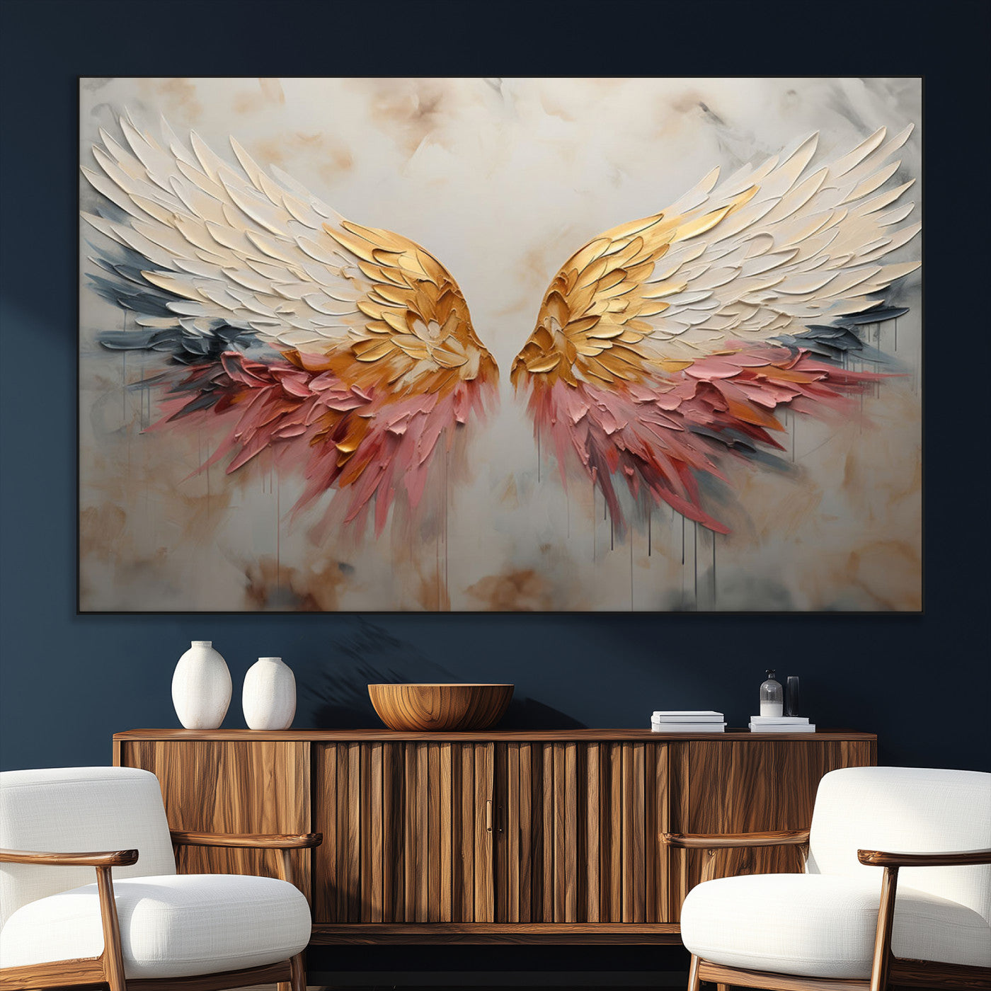 SEG-FC-51X34_Oversize - Golden Angel Wings Wall Art Canvas Print – Stunning Abstract Winged Art for Elegant Home Decor –