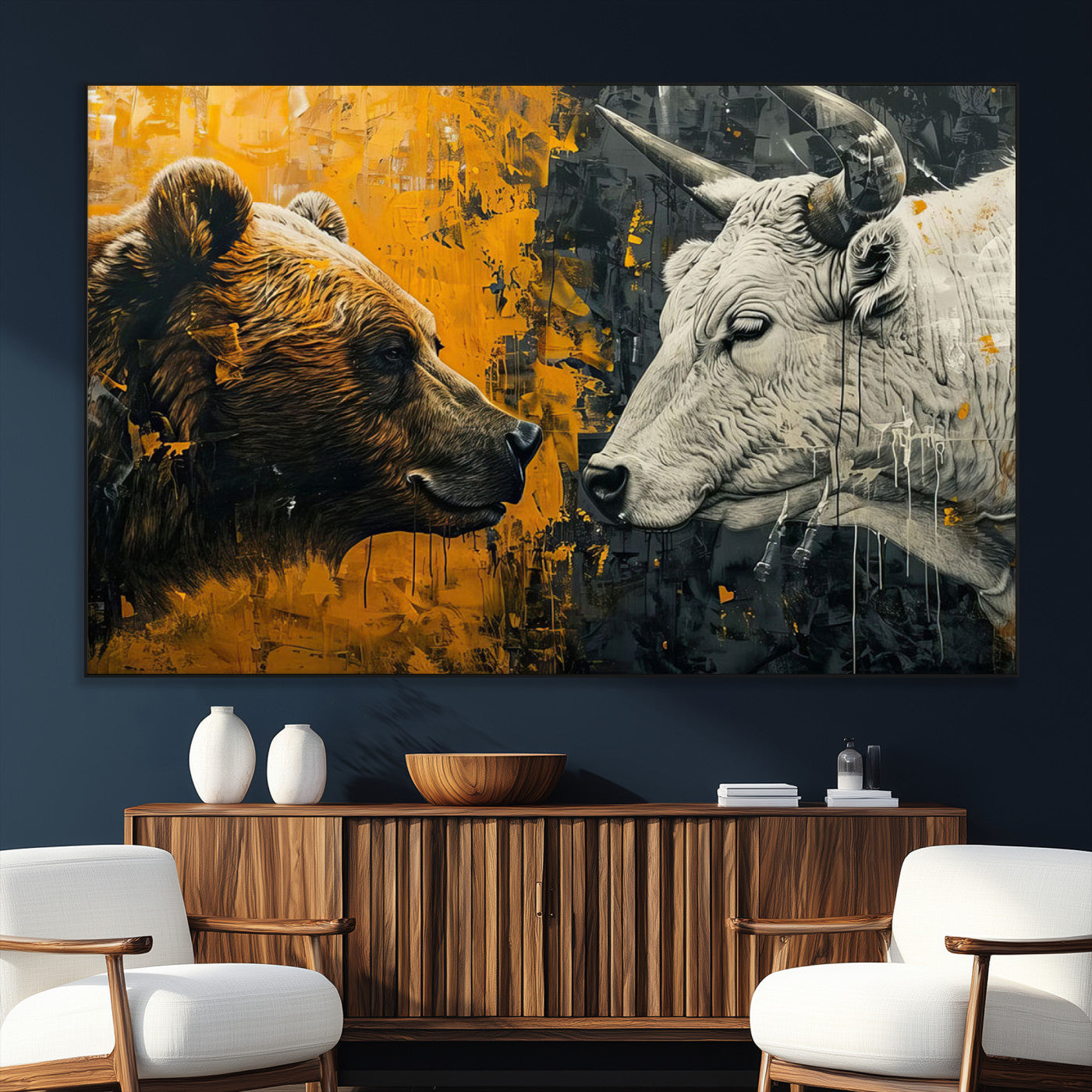 SEG-FC-51X34_Oversize - Bear and Bull Wall Art Canvas Print – Abstract Animal Portrait Painting for Modern Home Decor –
