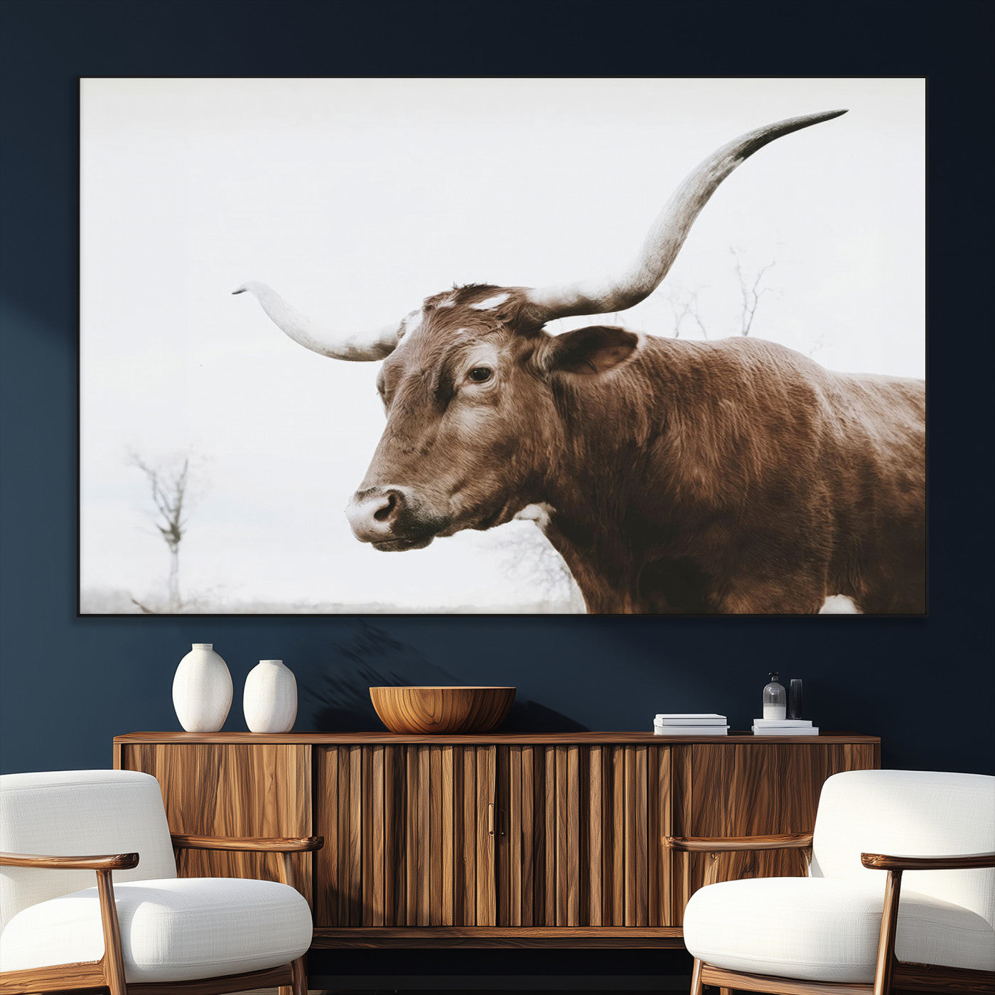 SEG-FC-51X34_Oversize - Rustic Bull Wall Art Canvas Print – Modern Longhorn Farmhouse Animal Decor – Abstract Farm Cow