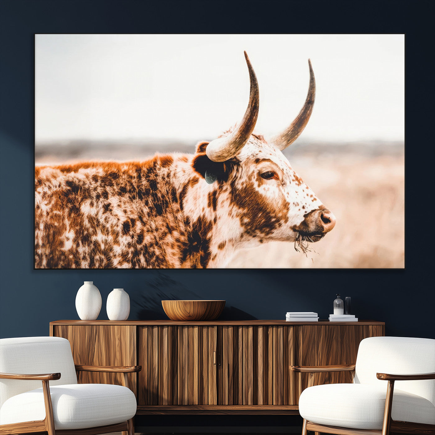 50356-SEG-FC-51X34_Oversize_Oversize-Speckled Bull Wall Art Canvas Print – Rustic Cow Longhorn Farmhouse Animal Decor – Western Longhorn