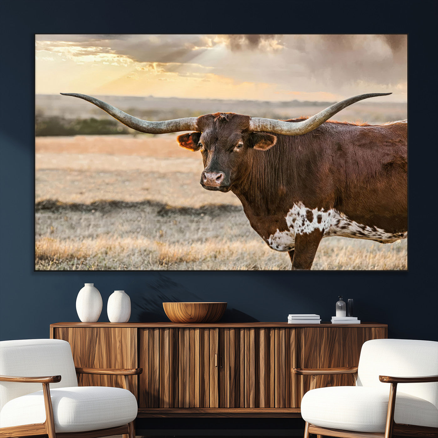 SEG-FC-51X34_Oversize - Texas Longhorn Wall Art Canvas Print, Rustic Ranch Decor, Majestic Western Longhorn Cattle