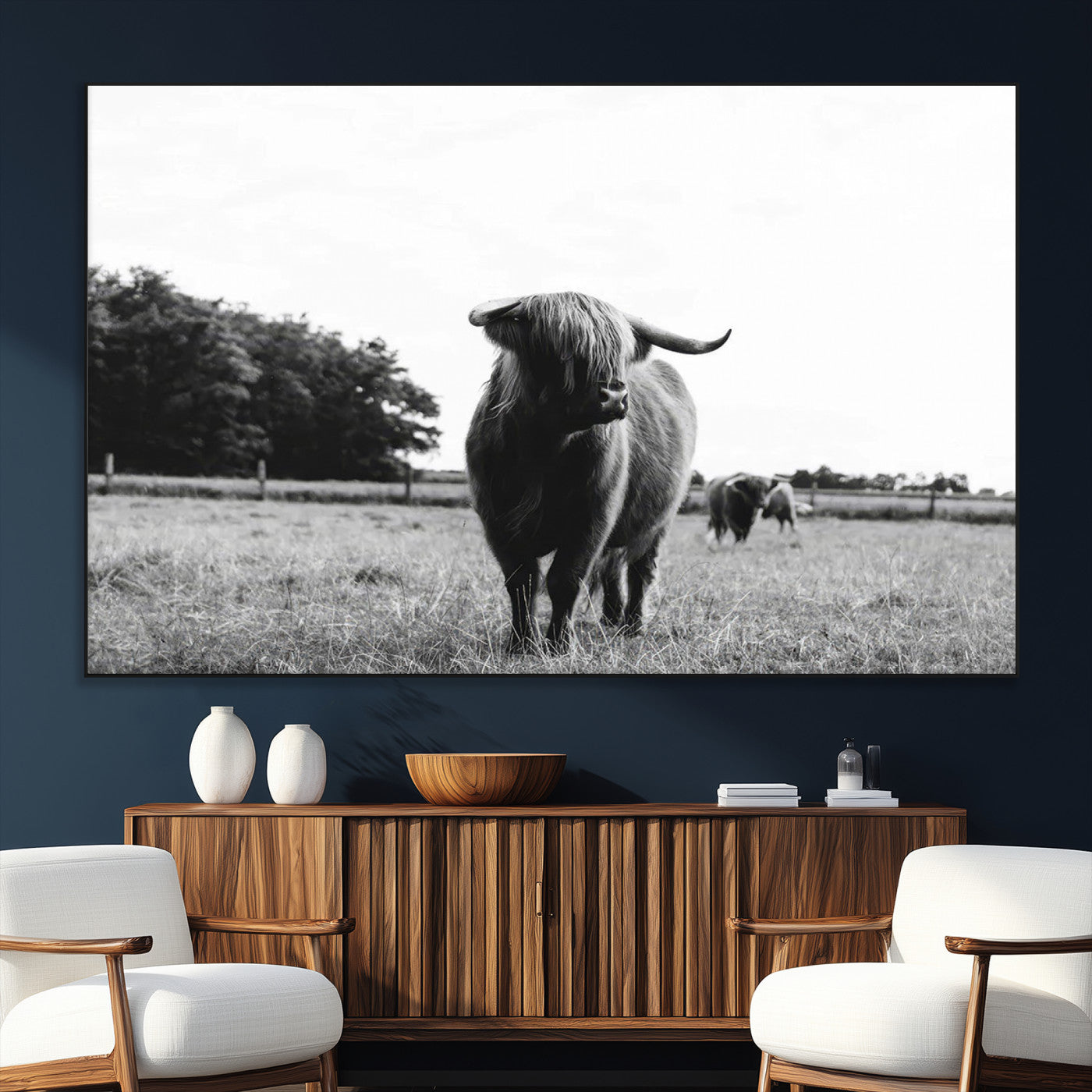 SEG-FC-51X34_Oversize - Black and White Highland Cow Wall Art Canvas Print | Rustic Western Decor for Living Room or Office,