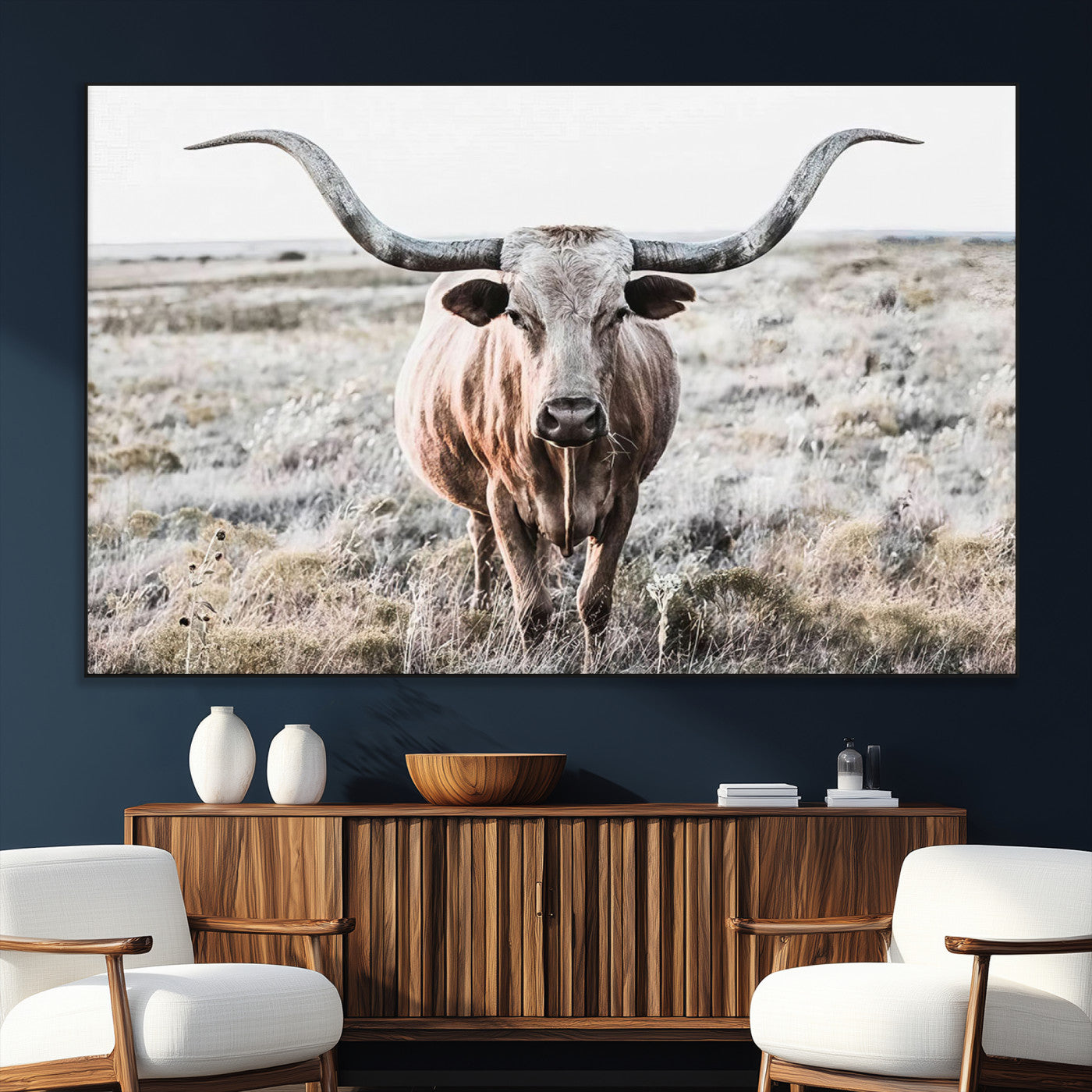 26121-SEG-FC-51X34_Oversize_Oversize-Rustic Texas Longhorn Wall Art Canvas Print | Western Farmhouse Decor for Living Room or Office,