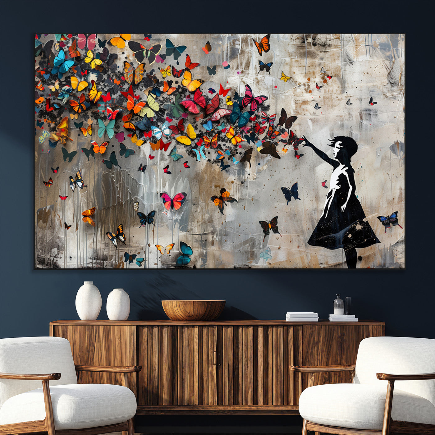 SEG-FC-51X34_Oversize - Banksy Wall Art - Banksy Girl and Butterfly Explosion Wall Art Canvas Print | Girl with Butterflies