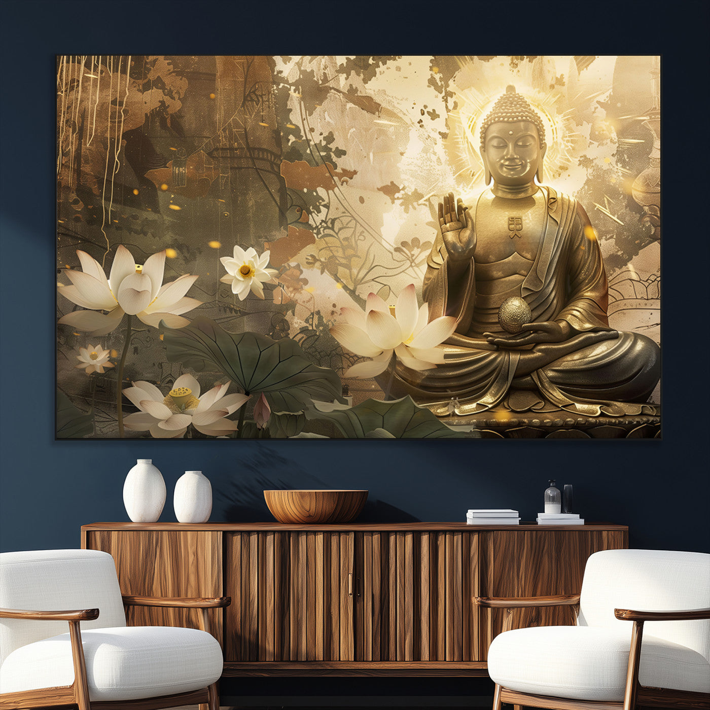 SEG-FC-51X34_Oversize - Zen Buddha Wall Art Canvas Print | Peaceful Meditation Decor with Lotus Flowers | Spiritual Serenity