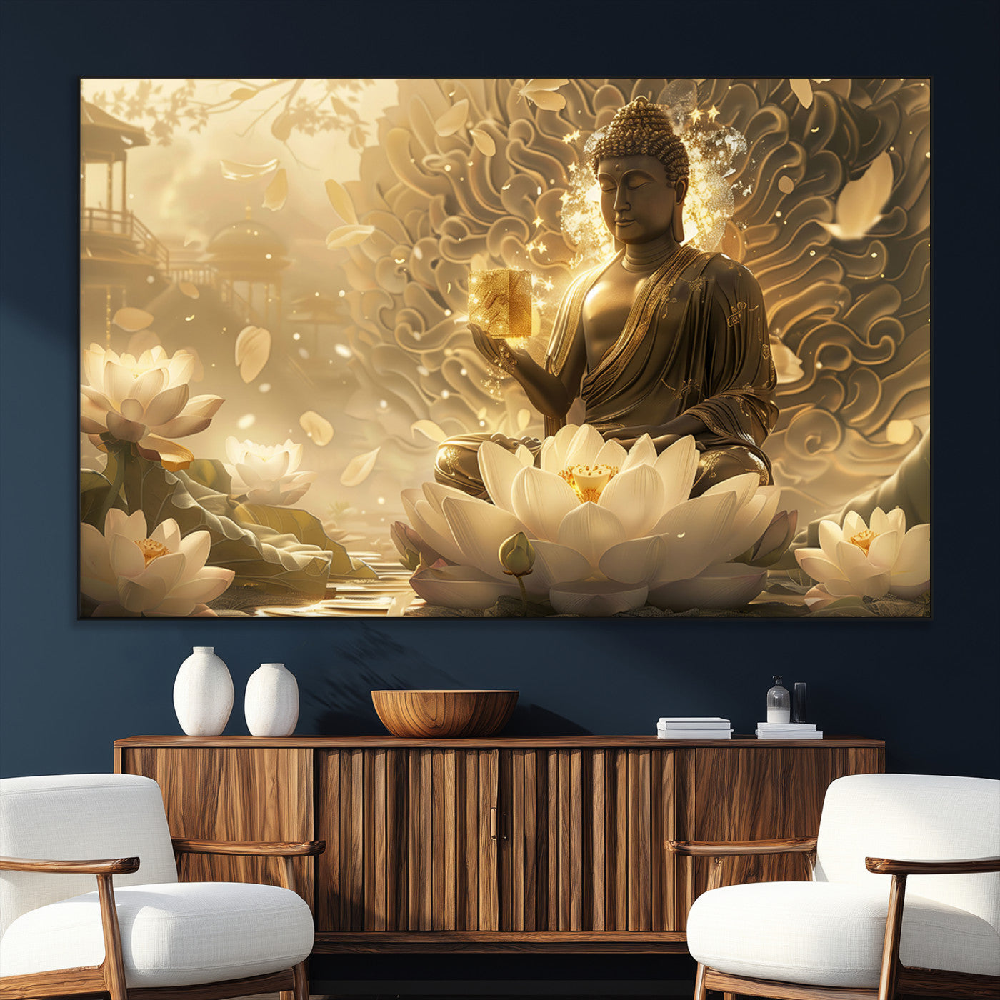 SEG-FC-51X34_Oversize - Golden Buddha Wall Art | Yoga Room Decor and Meditation Room Wall Art | Framed and Ready to Hang