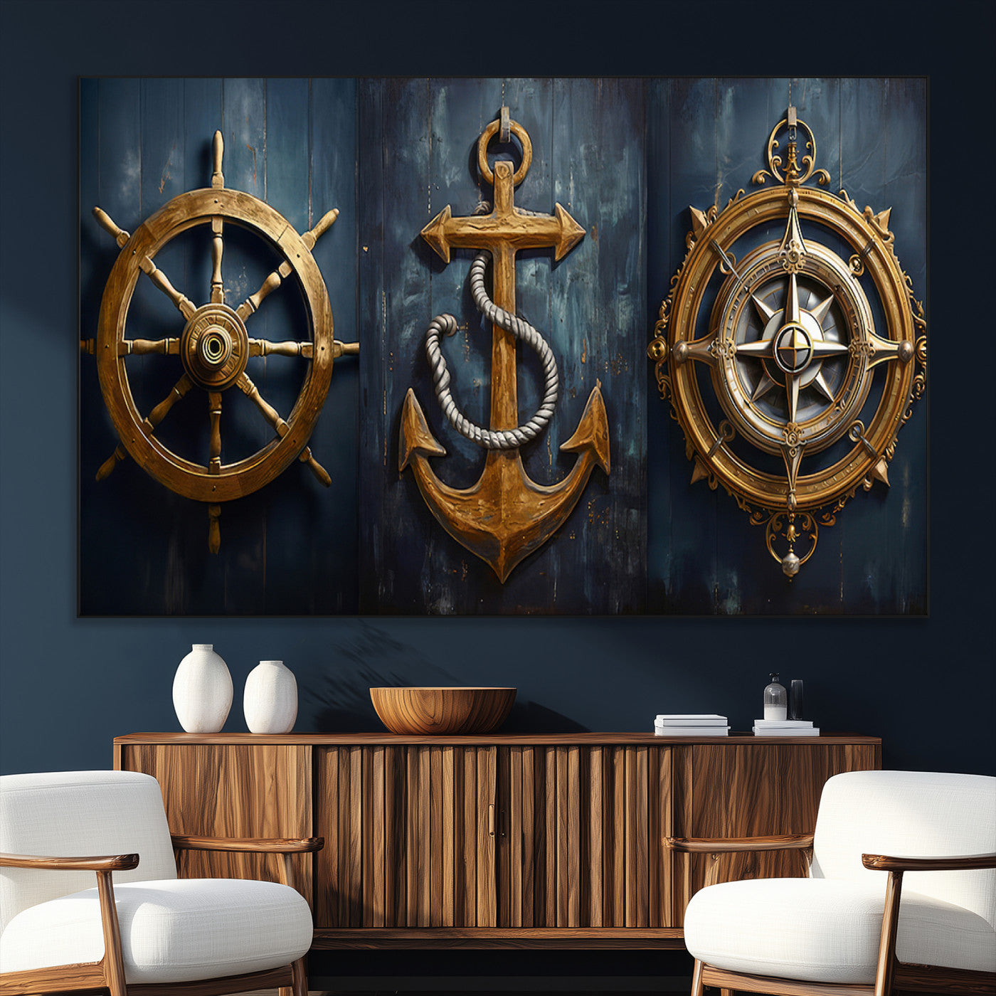 SEG-FC-51X34_Oversize - Boat Anchor Compass With Rope Wall Art Canvas Print | Beach House Wall Art
