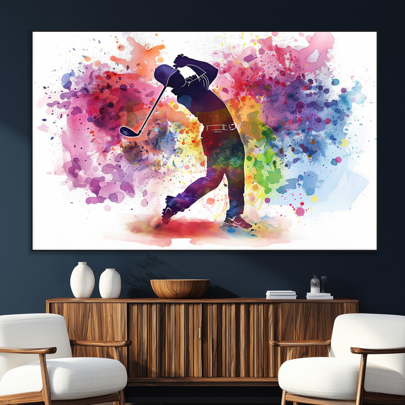 SEG-FC-51X34_Oversize - Colorful Golfer Swing Wall Art Canvas Print - Ready to Hang, Framed Sports Decor