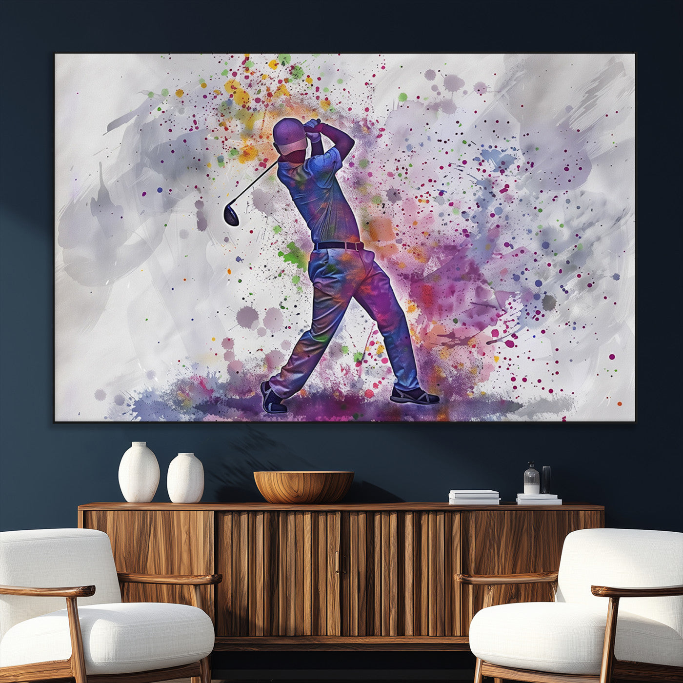 SEG-FC-51X34_Oversize - Watercolor Golf Swing Wall Art Canvas Print | Vibrant Abstract Golf Player Silhouette |