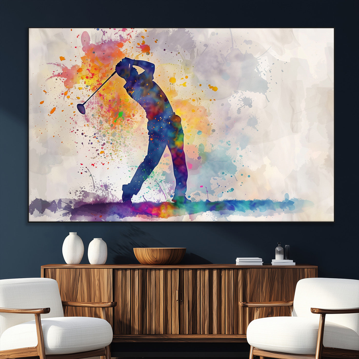 SEG-FC-51X34_Oversize - Watercolor Golf Swing Wall Art Canvas Print | Vibrant Abstract Golf Player Silhouette |
