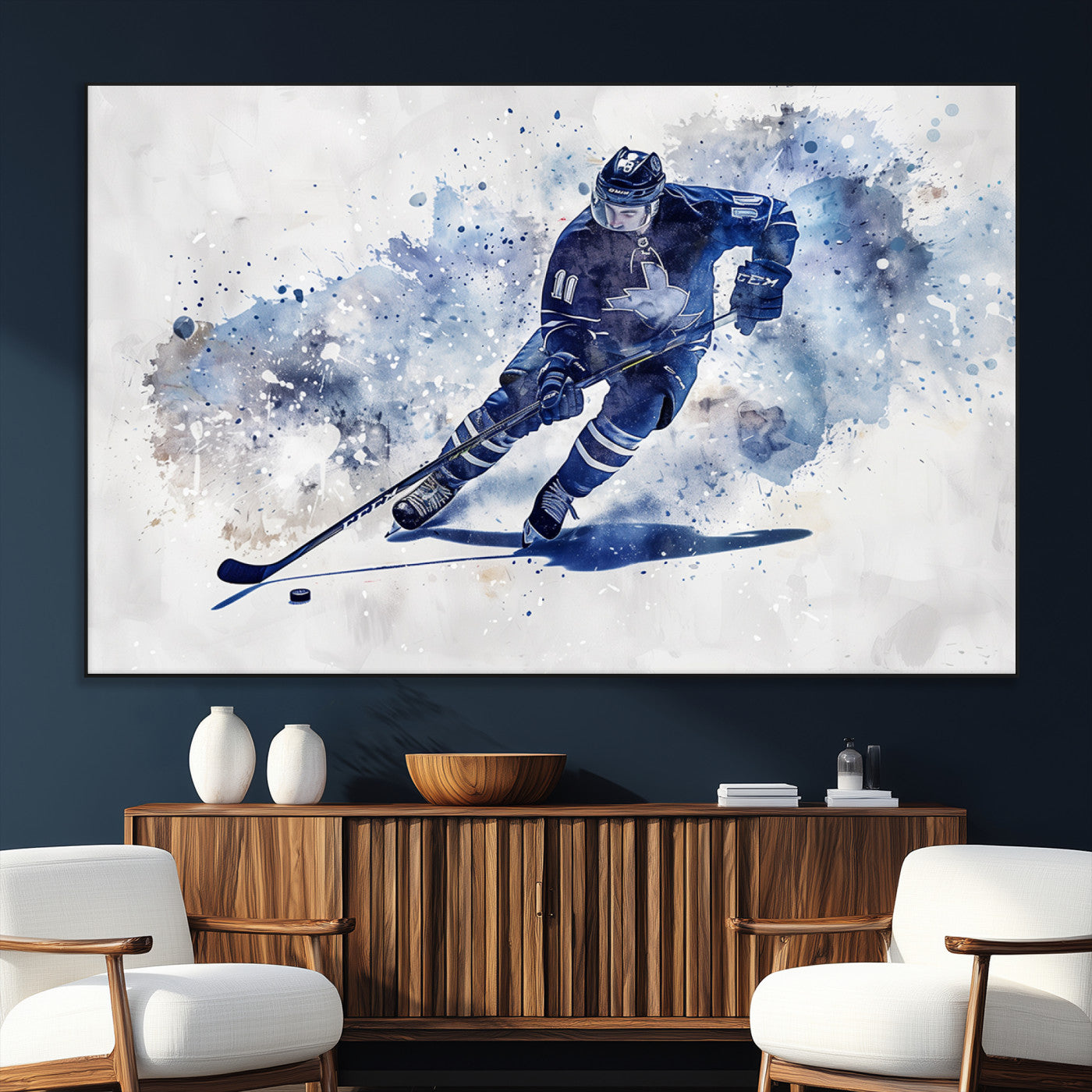 SEG-FC-51X34_Oversize - Hockey Player Wall Art Canvas Print - Sports-Inspired Watercolor Decor - Ready to Hang