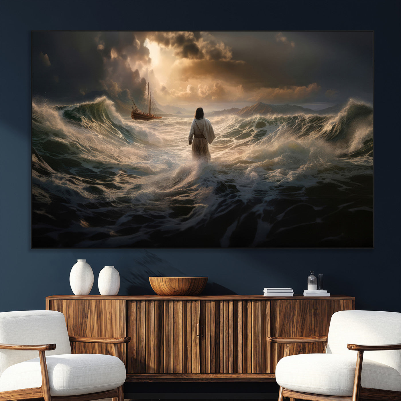 SEG-FC-51X34_Oversize - Jesus Walking on Water Wall Art Canvas Print - Religious Spiritual Decor - Jesus Wall Art Canvas