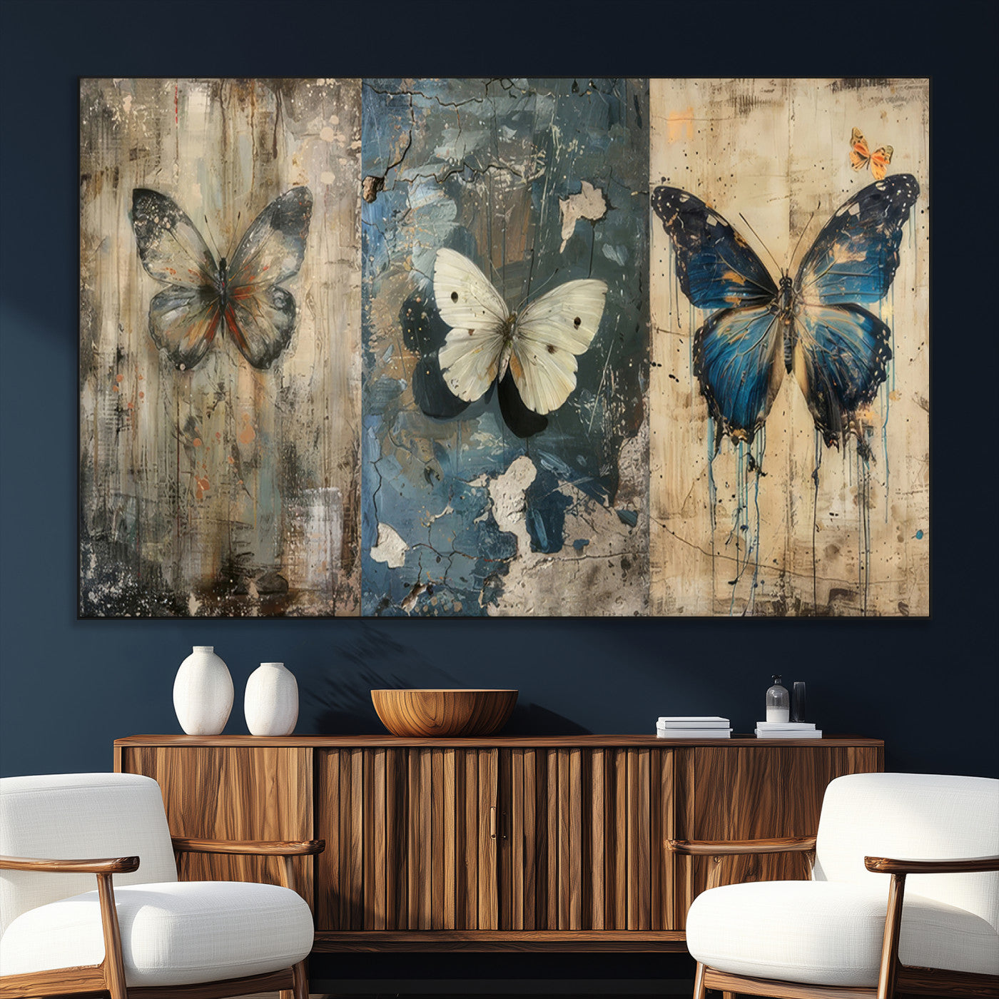 SEG-FC-51X34_Oversize - Butterfly Wall Art Trio | Vintage Butterfly Canvas Print | Ready to Hang Framed Artwork for