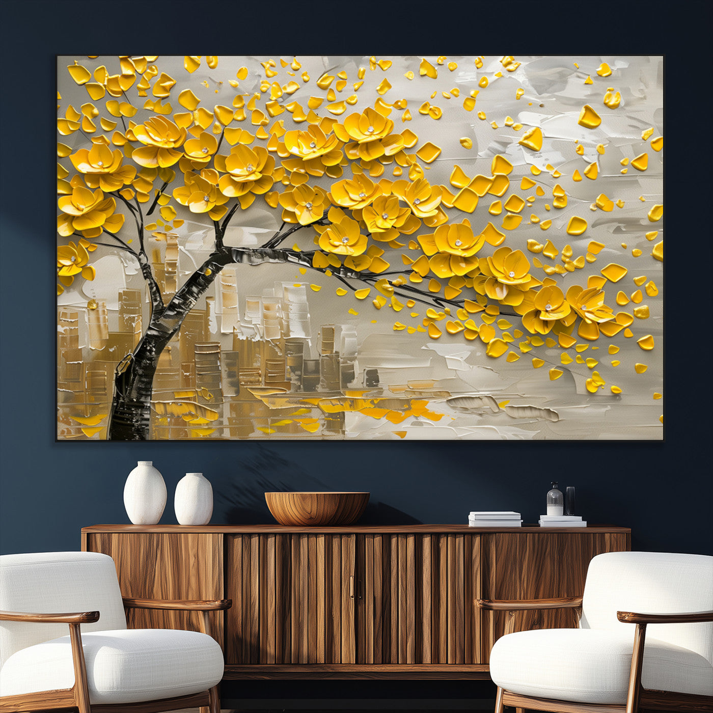 SEG-FC-51X34_Oversize - Yellow Blossom Tree Canvas Wall Art - Floral Abstract Modern Contemporary Artwork for Living Room or