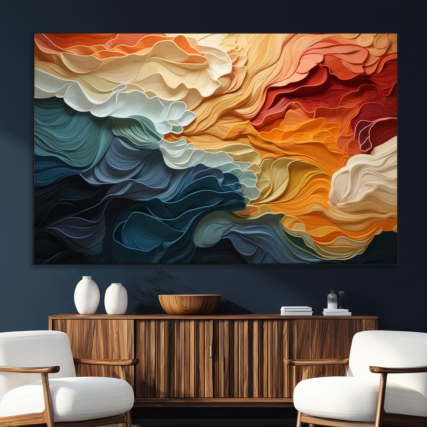 SEG-FC-51X34_Oversize - Blue Orange Abstract Wave Wall Art Canvas Print, Framed Blue Orange Wave Wall Art