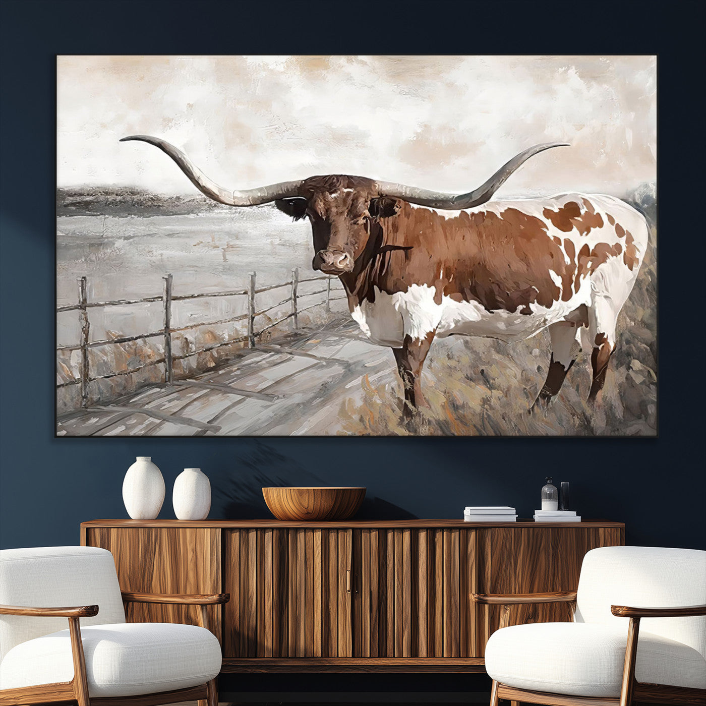 57340-SEG-FC-51X34_Oversize_Oversize-Vintage Texas Cow Wall Art Canvas Print, Rustic Longhorn Wall Art | Canvas Print for Farmhouse Decor
