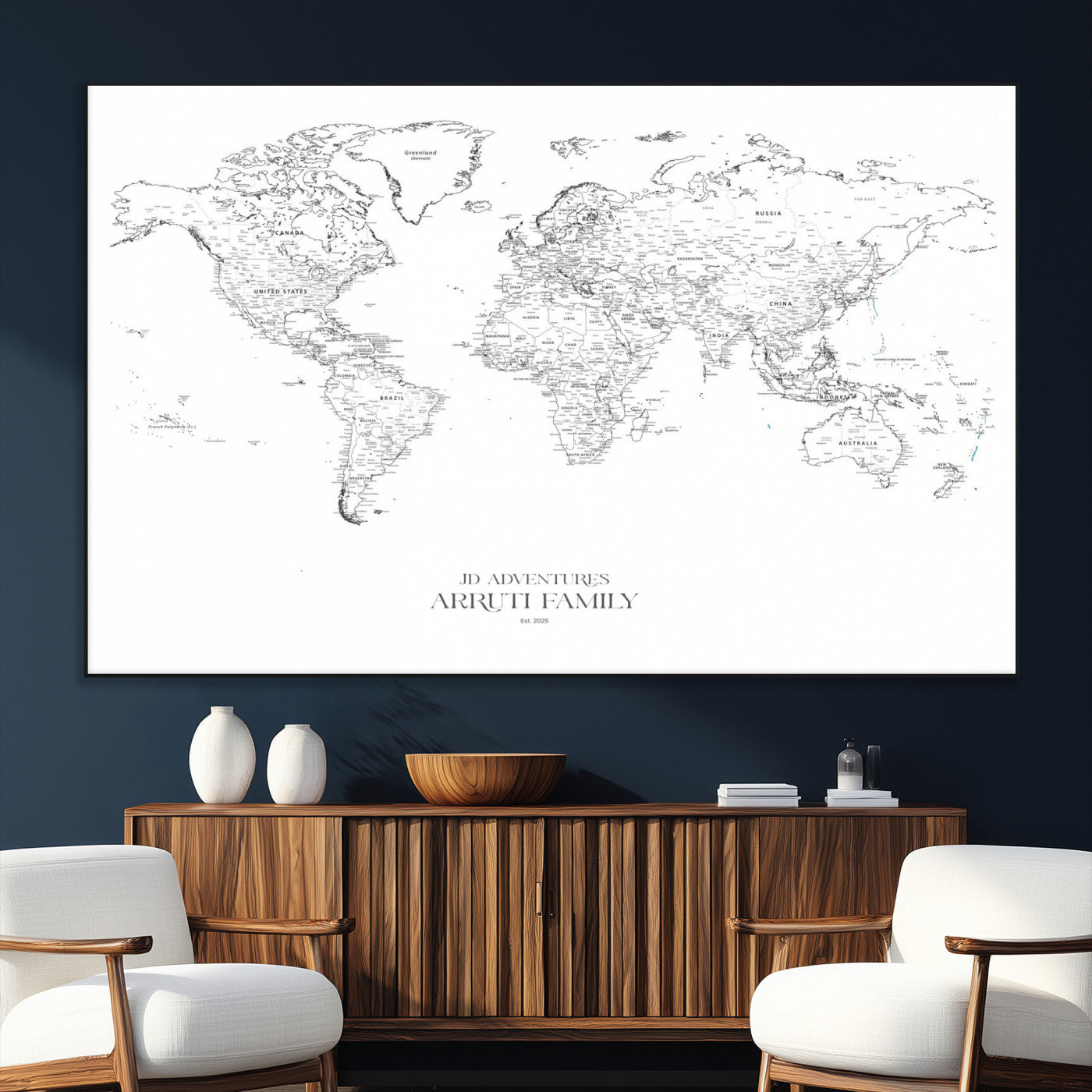 SEG-FC-51X34_Oversize - Custom World Map Wall Art – Personalized Framed Canvas Print with Push Pins for Travel Tracking,
