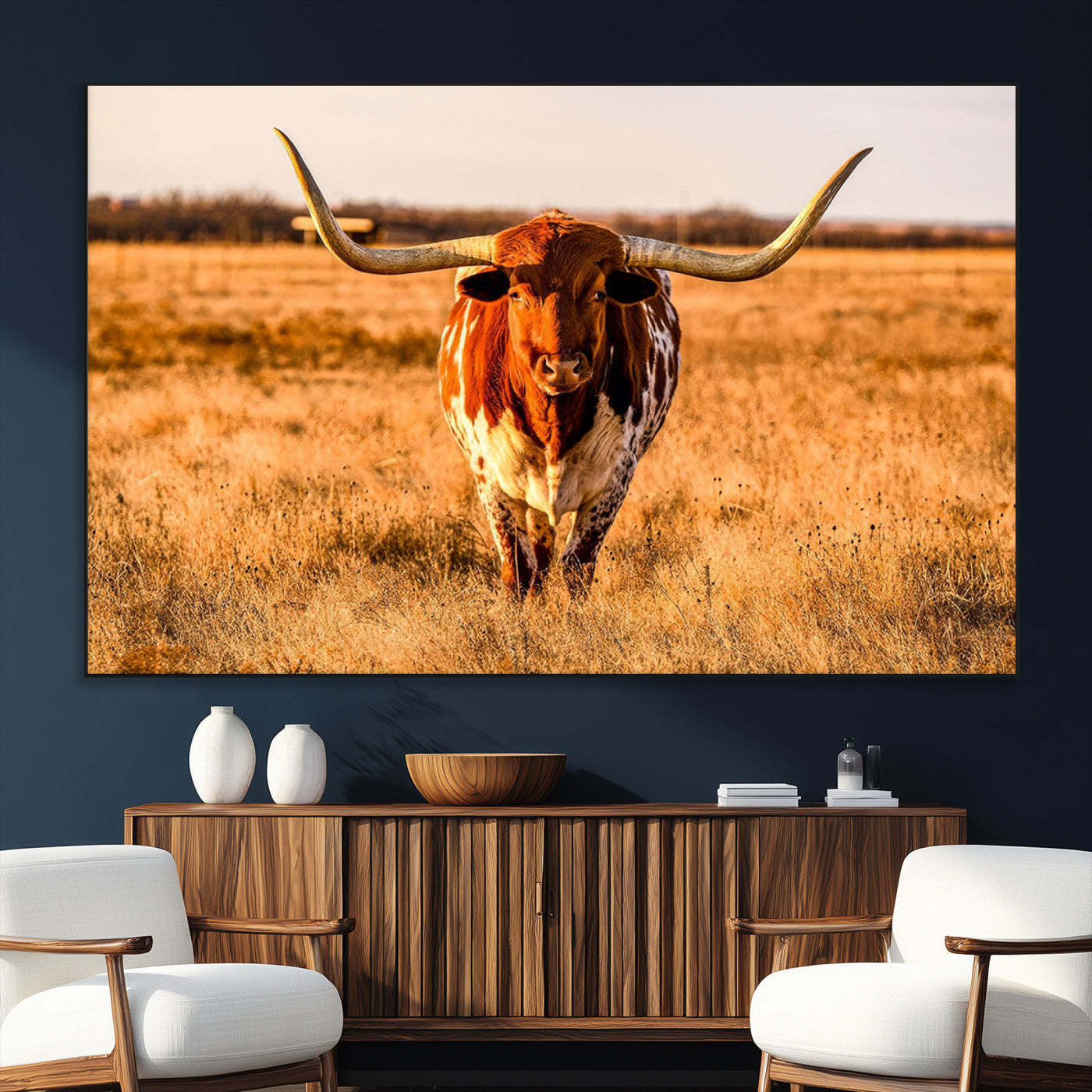 SEG-FC-51X34_Oversize - Longhorn Cow Wall Art | Ready to Hang Framed Canvas Print for Farmhouse and Barn Decor