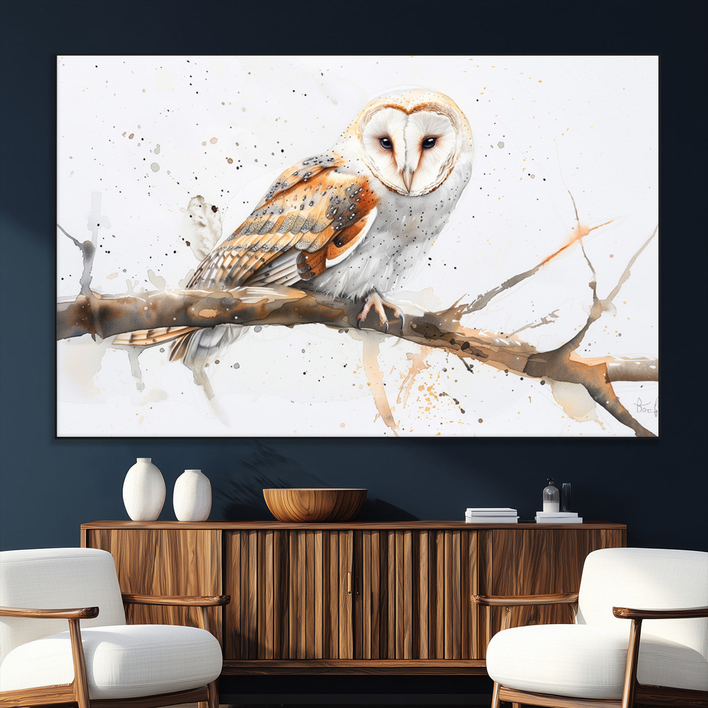 SEG-FC-51X34_Oversize - Barn Owl Wall Art on Branch | Stunning Canvas Print for Nature Lovers | Ready to Hang and Framed