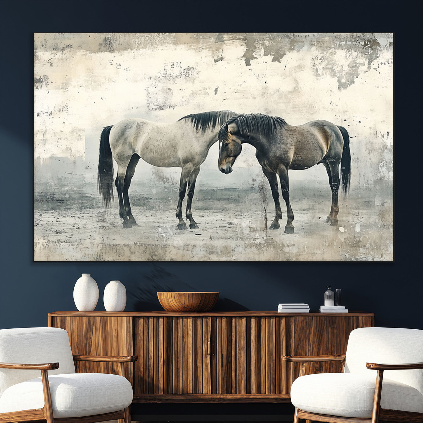 SEG-FC-51X34_Oversize - Chines Style Majestic Horses Wall Art | Ready to Hang and Framed Triptych Print | Western Farmhouse