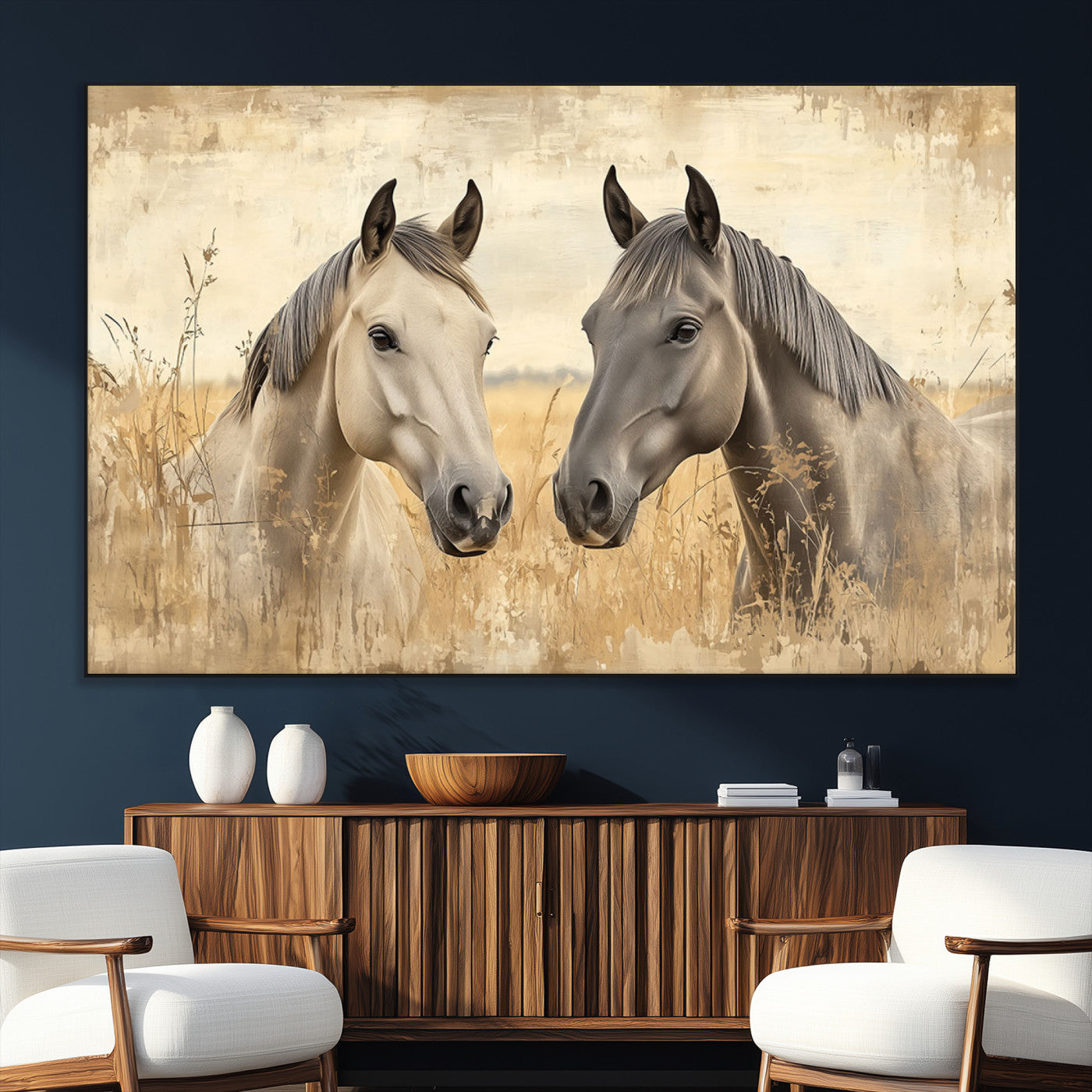 SEG-FC-51X34_Oversize - Chines Ink Style Grunge Horses Wall Art Canvas Print