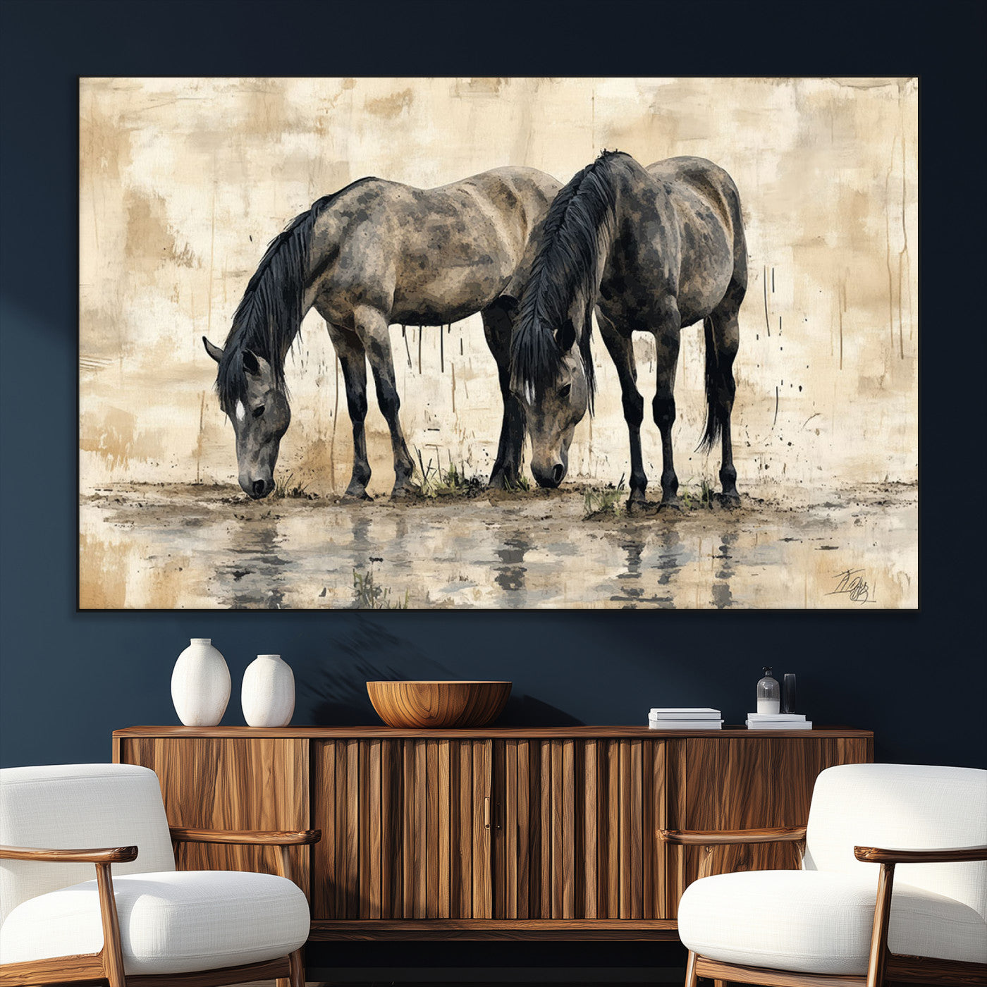 SEG-FC-51X34_Oversize - Chinese Style Abstract Black Horses Wall Art Canvas Print - Abstract Horse Wall Art Canvas Print