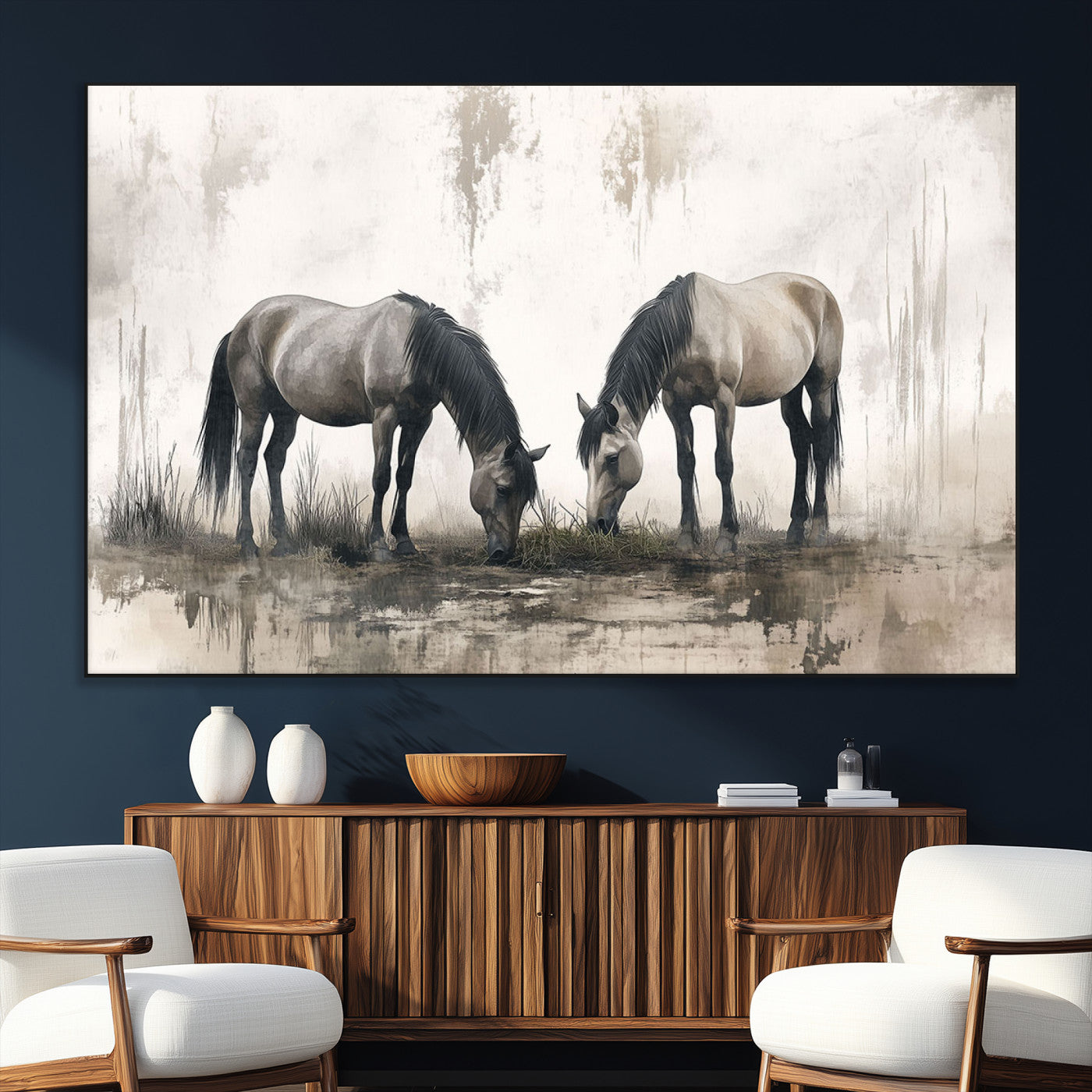 SEG-FC-51X34_Oversize - Chines Ink Style Vintage Horses Wall Art Canvas Print for Farmhouse Wall Decor