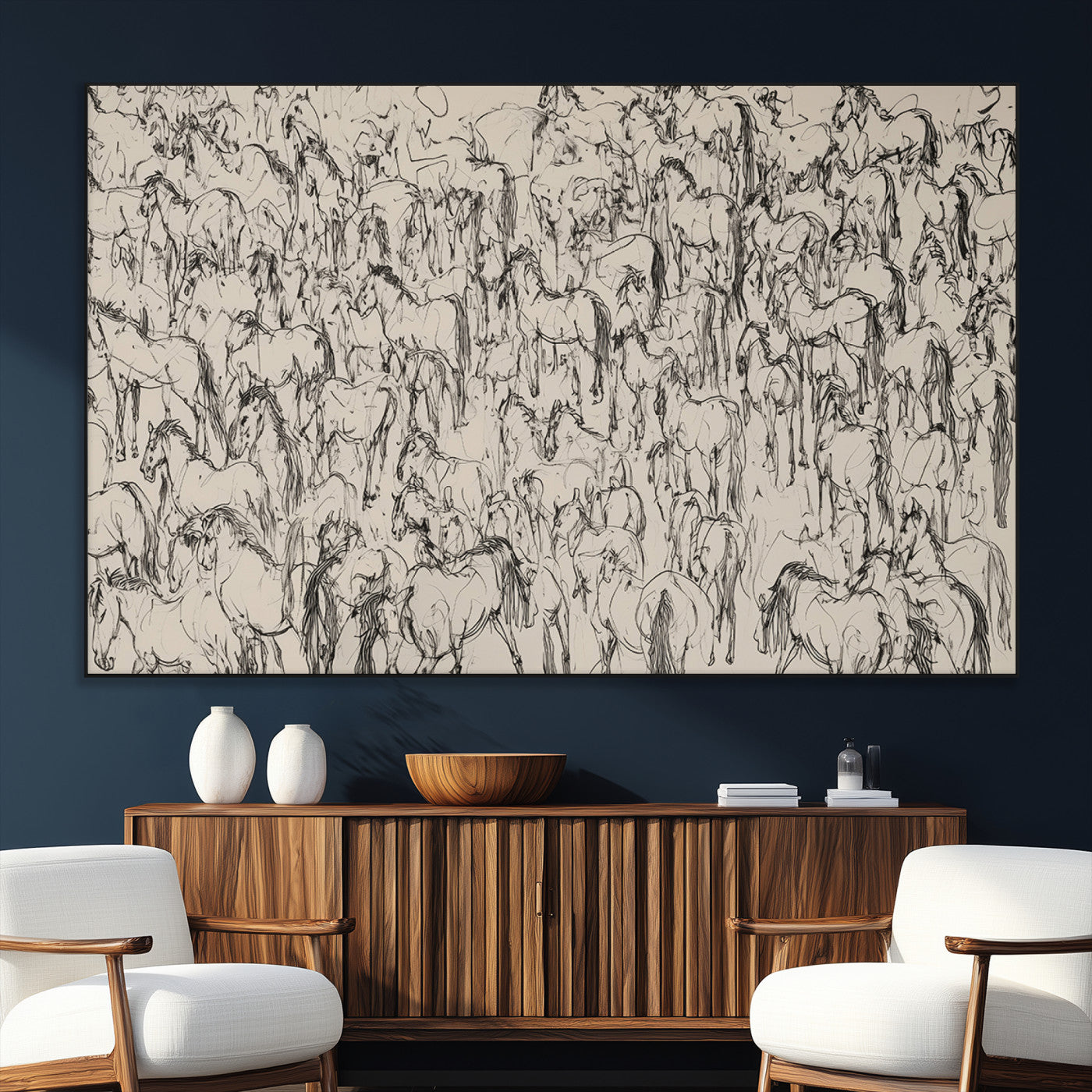 25718-SEG-FC-51X34_Oversize_Oversize-Abstract Horse Sketch Wall Art | Ready to Hang and Framed | Farmhouse Wall Decor for Living Room or