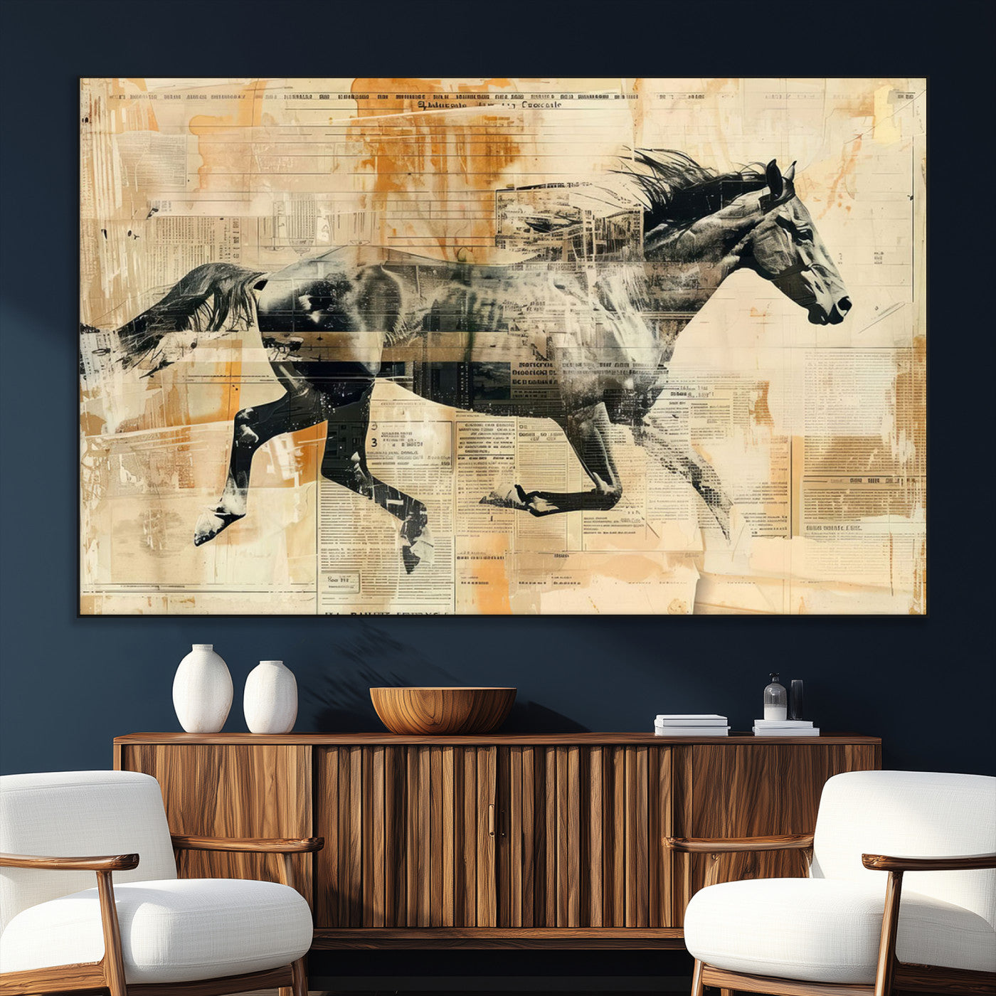 SEG-FC-51X34_Oversize - Chines Style Running Horse Western Wall Art | Farmhouse Wall Decor | Ready to Hang Framed Canvas