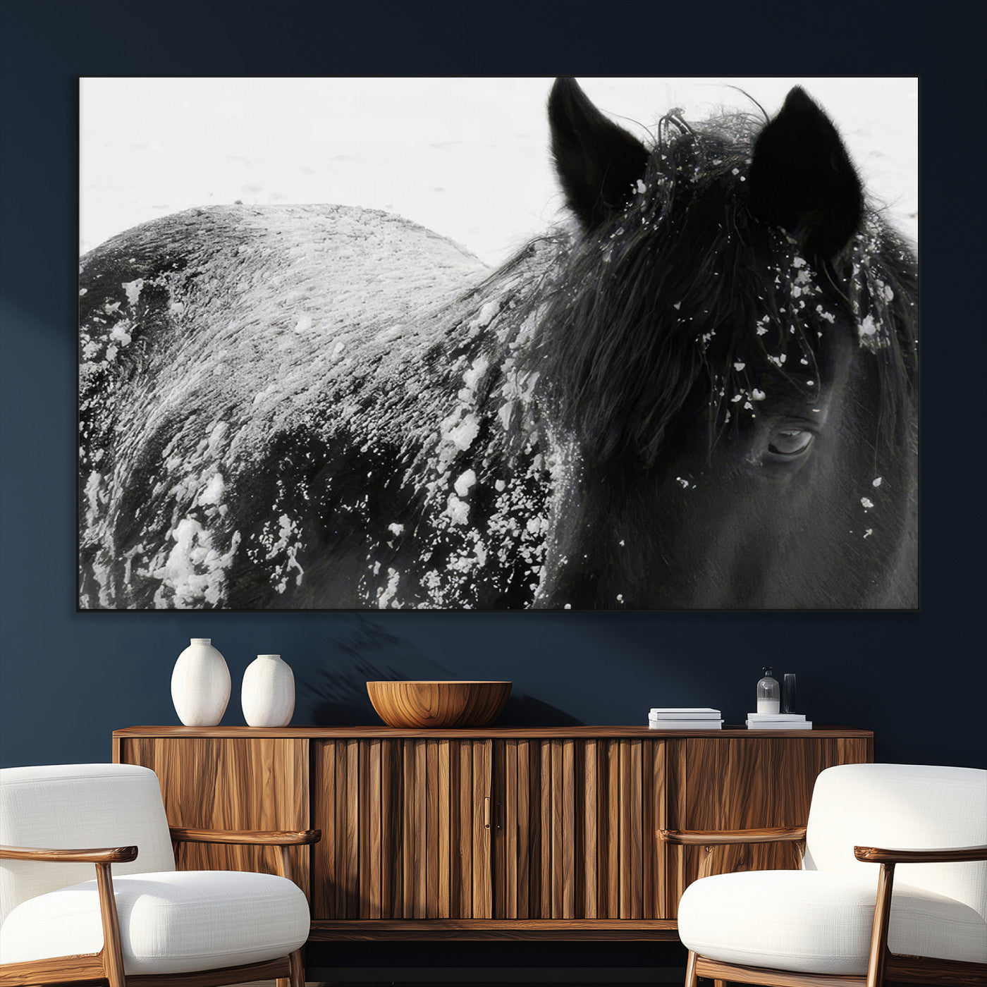 SEG-FC-51X34_Oversize - Black Horse in Snow Canvas Print | Winter Horse Wall Art | Ready to Hang and Framed | Farmhouse Wall