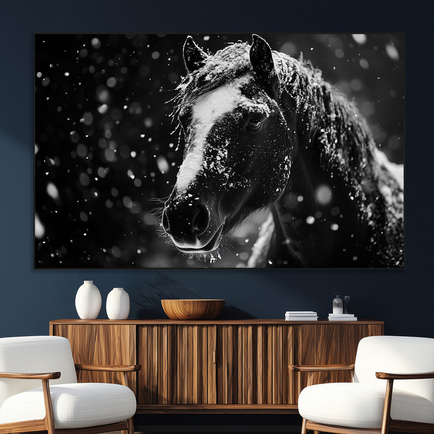 SEG-FC-51X34_Oversize - Winter Horse Wall Art | Black and White Horse Print | Ready to Hang and Framed | Farmhouse Wall Art