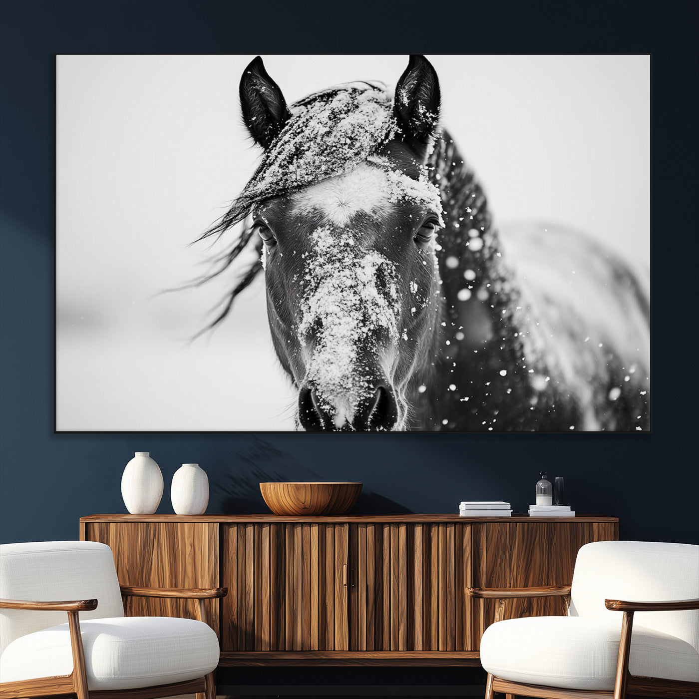 SEG-FC-51X34_Oversize - Western Wall Art | Black and White Winter Horse Wall Art | Ready to Hang and Framed | Farmhouse and
